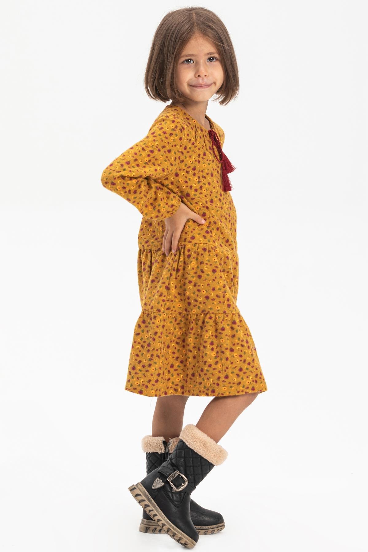 Toptan Uzun Kol Pazen Alya Çocuk Elbise Çıtır Desen Hardal