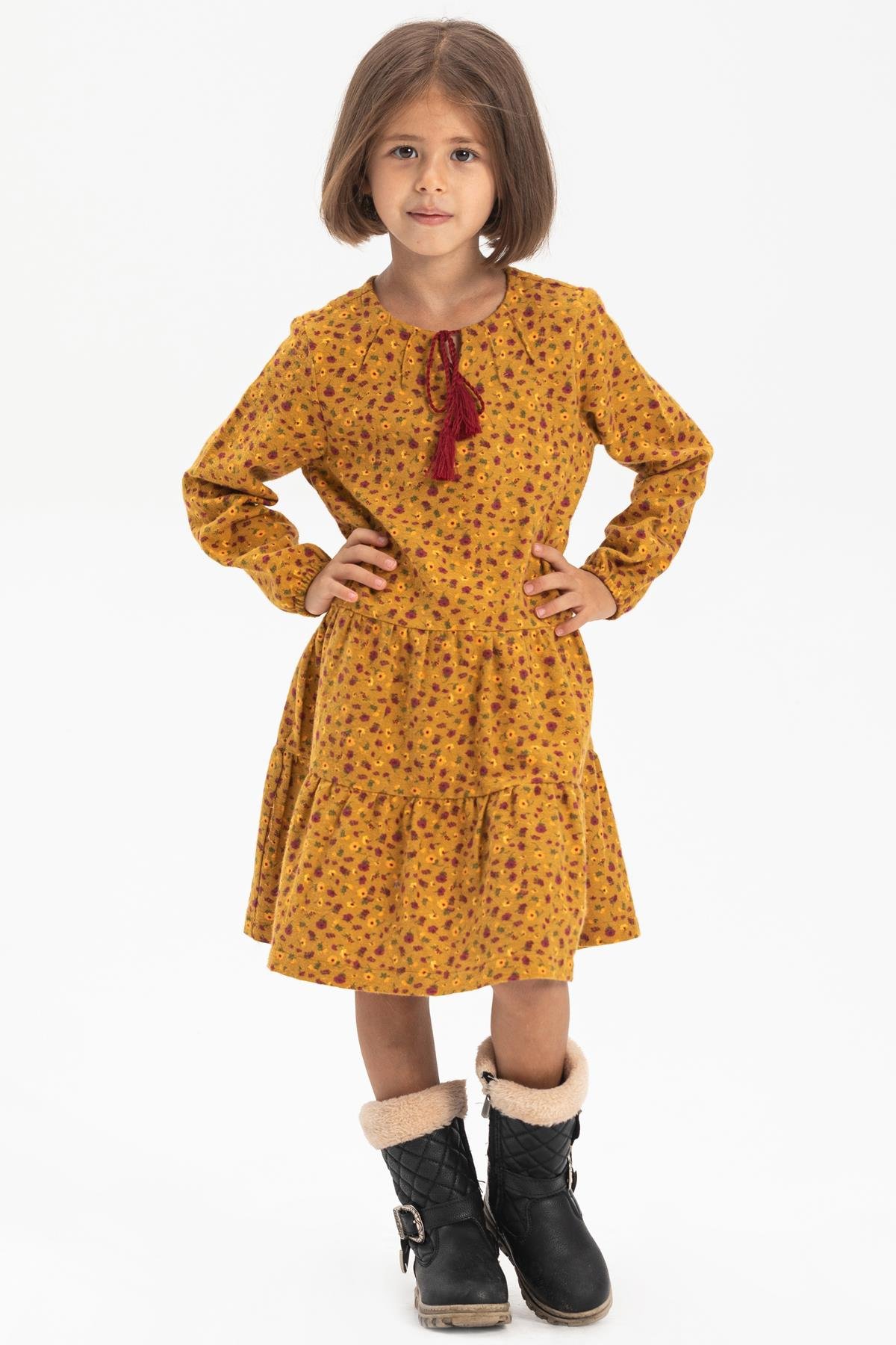 Toptan Uzun Kol Pazen Alya Çocuk Elbise Çıtır Desen Hardal