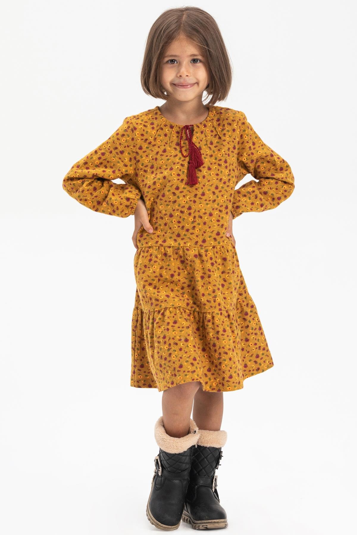 Toptan Uzun Kol Pazen Alya Çocuk Elbise Çıtır Desen Hardal