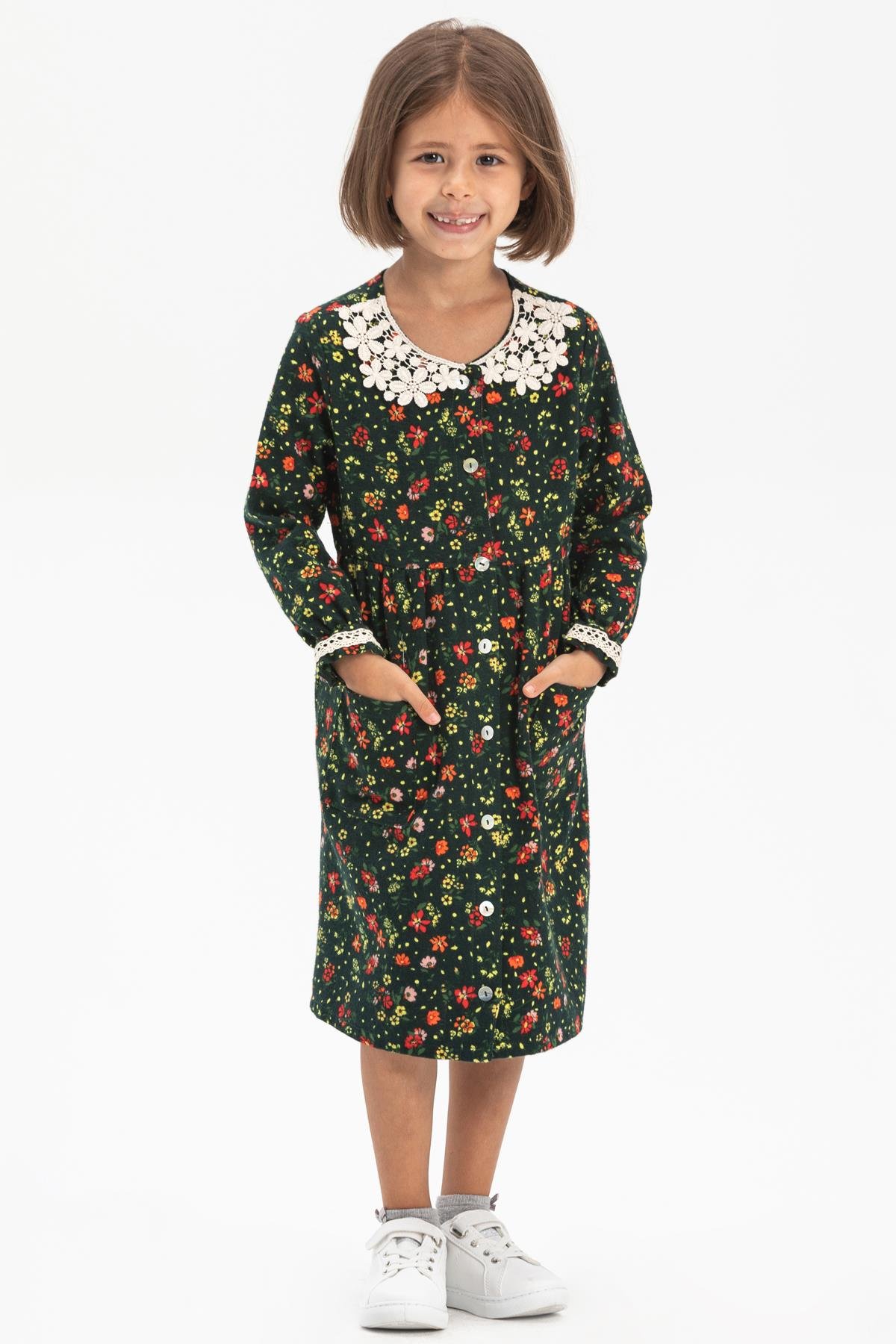 Toptan Uzun Kol Pazen Asya Yakalı Çocuk Elbise Çiçek Desen Yeşil