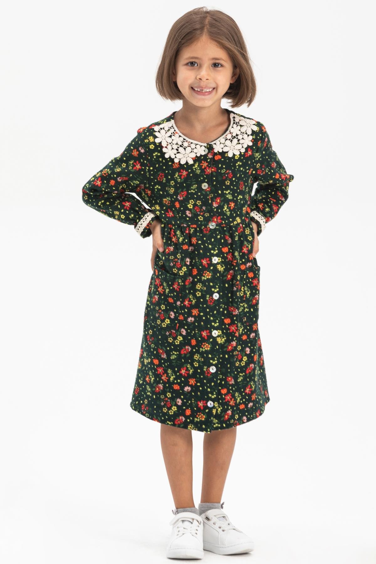 Toptan Uzun Kol Pazen Asya Yakalı Çocuk Elbise Çiçek Desen Yeşil