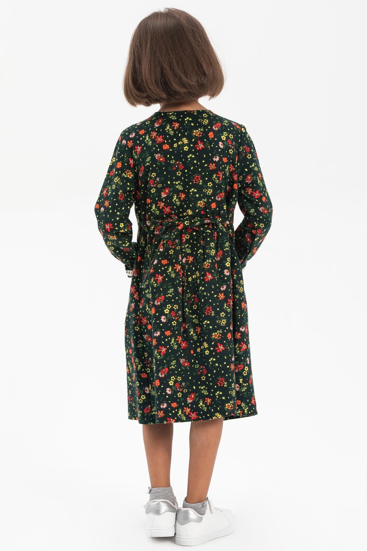 Toptan Uzun Kol Pazen Asya Yakalı Çocuk Elbise Çiçek Desen Yeşil
