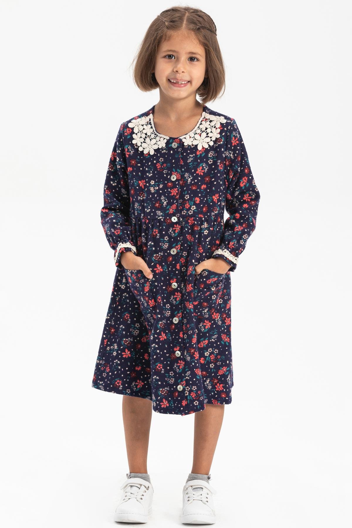 Toptan Uzun Kol Pazen Asya Yakalı Çocuk Elbise Çiçek Desen Lacivert