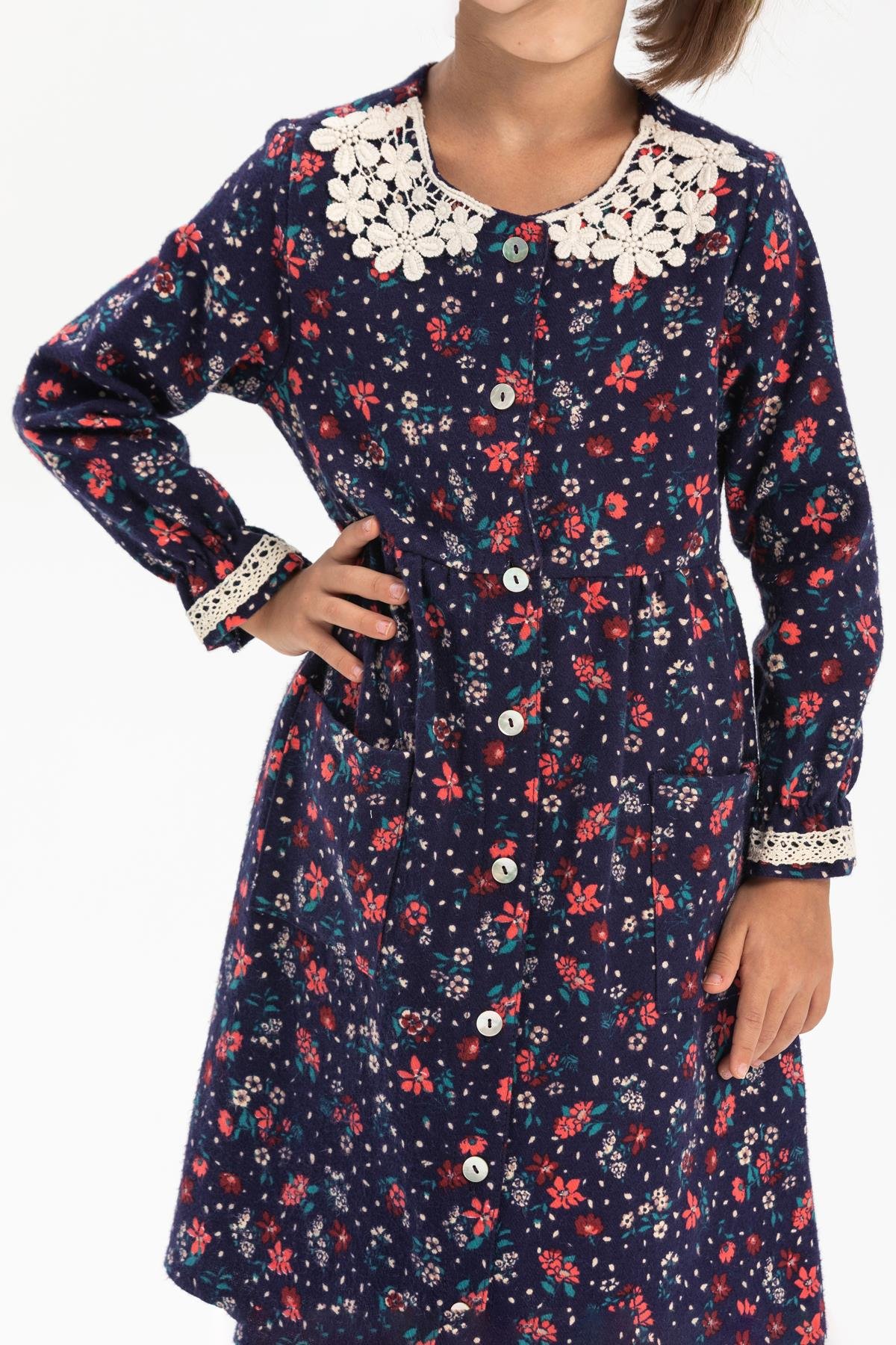 Toptan Uzun Kol Pazen Asya Yakalı Çocuk Elbise Çiçek Desen Lacivert
