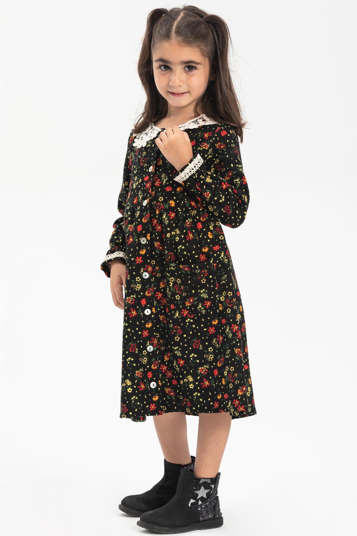 Toptan Uzun Kol Pazen Asya Yakalı Çocuk Elbise Çiçek Desen Siyah