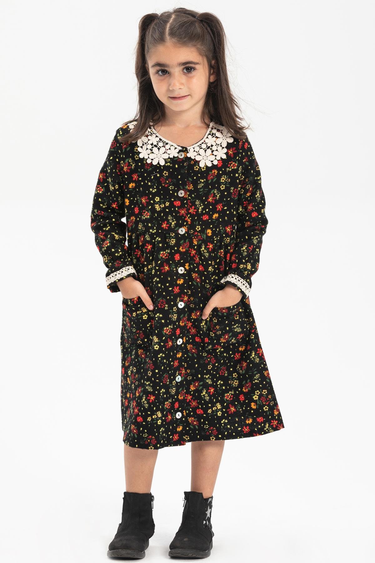 Toptan Uzun Kol Pazen Asya Yakalı Çocuk Elbise Çiçek Desen Siyah