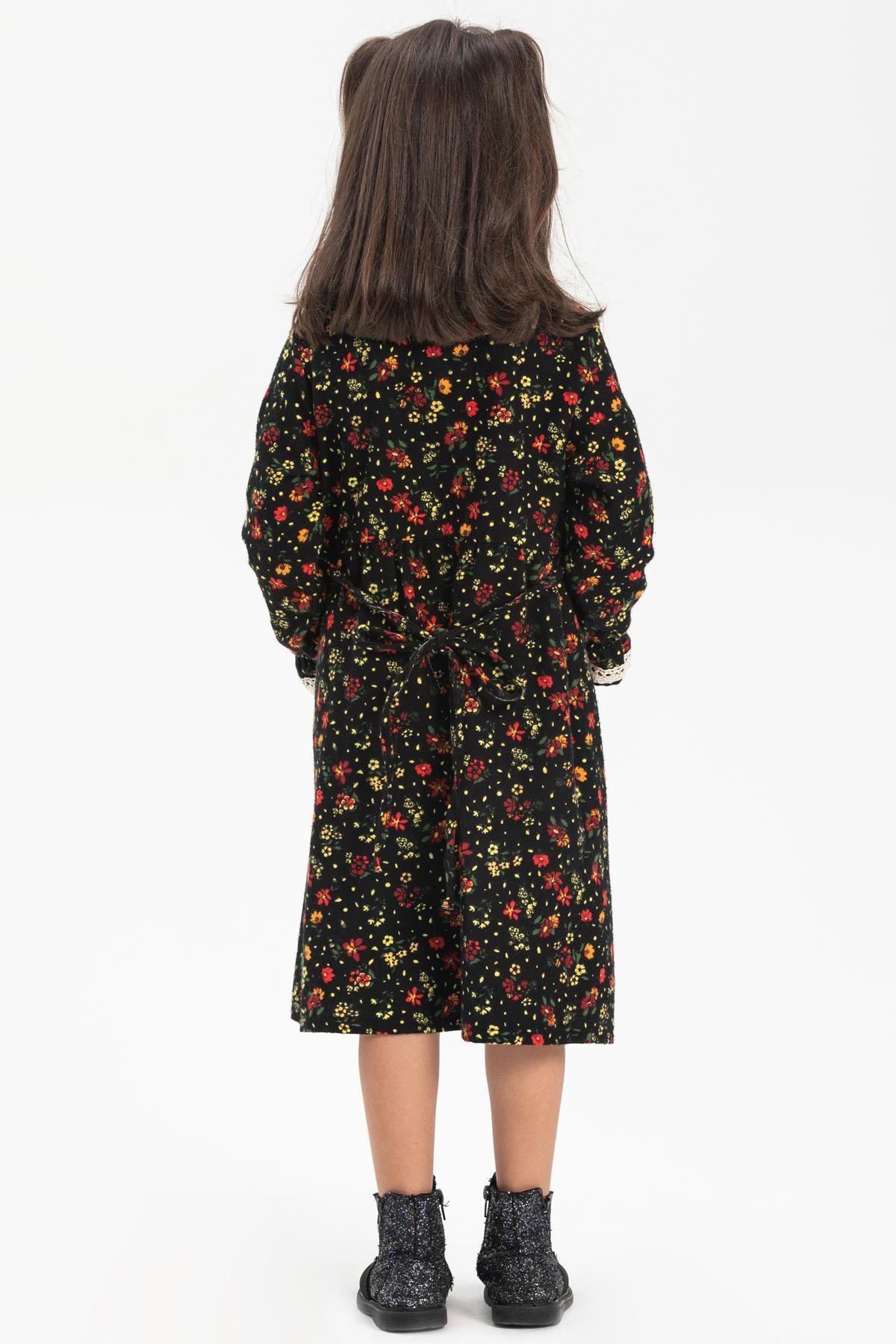 Toptan Uzun Kol Pazen Asya Yakalı Çocuk Elbise Çiçek Desen Siyah