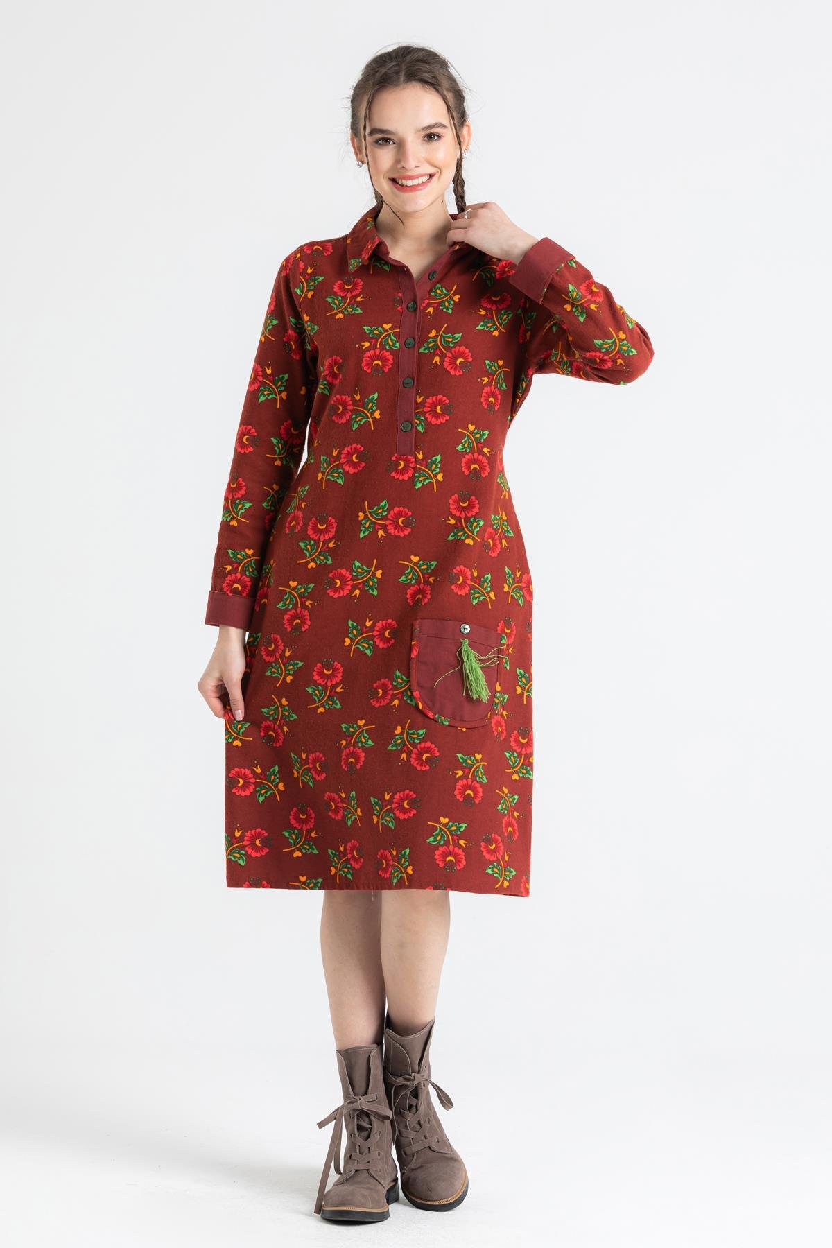 Toptan Uzun Kol Pazen Çiçek Desen Midi Boy Şirin Elbise Bordo 