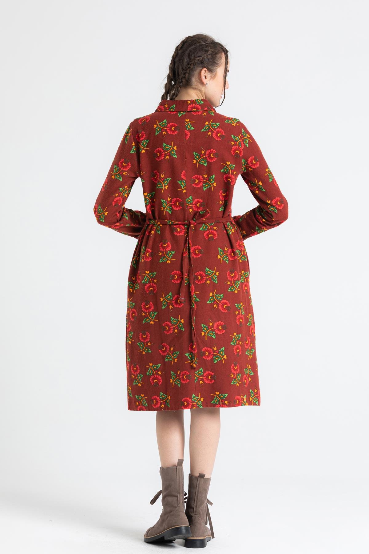 Toptan Uzun Kol Pazen Çiçek Desen Midi Boy Şirin Elbise Bordo 