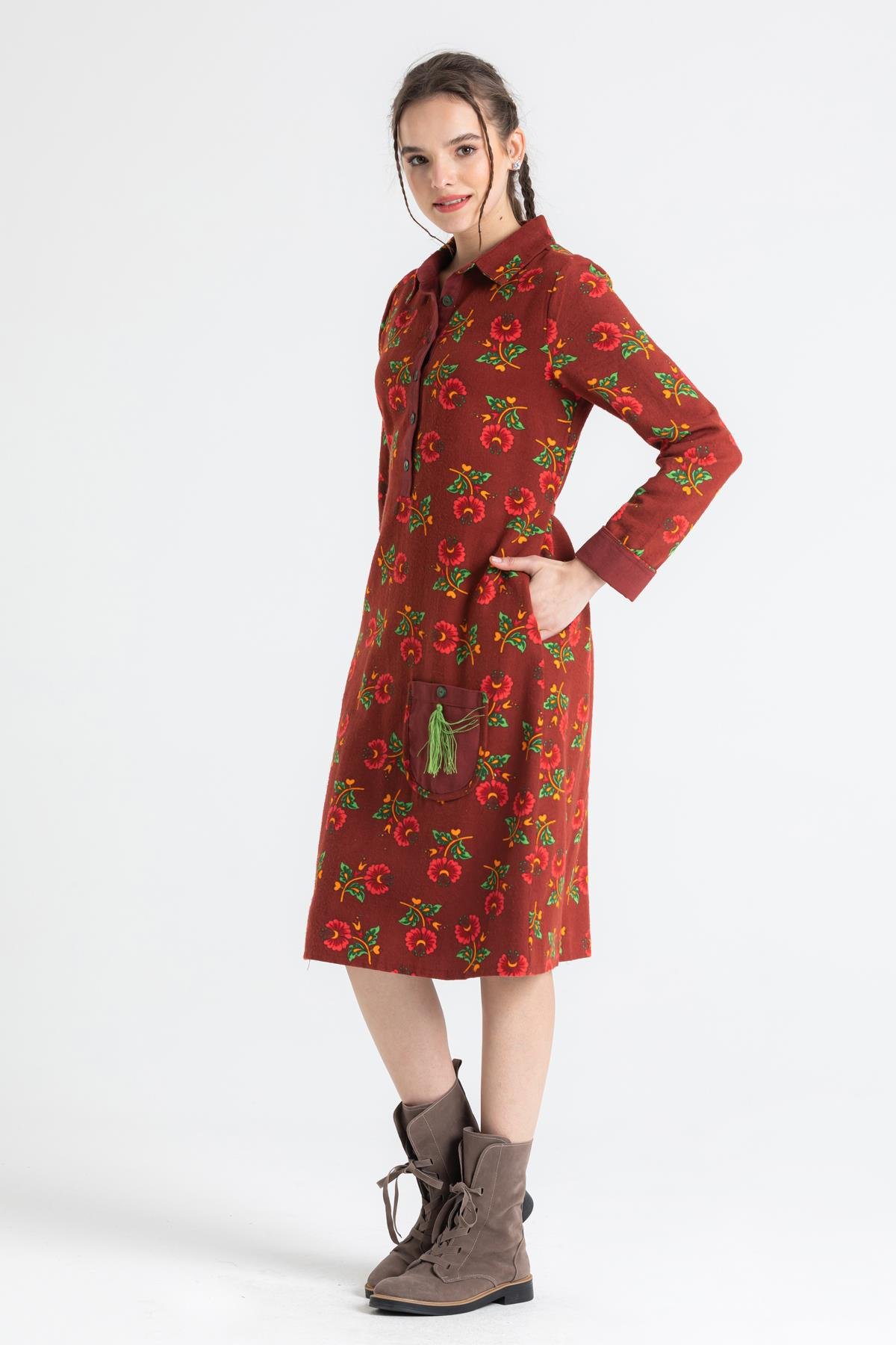 Toptan Uzun Kol Pazen Çiçek Desen Midi Boy Şirin Elbise Bordo 