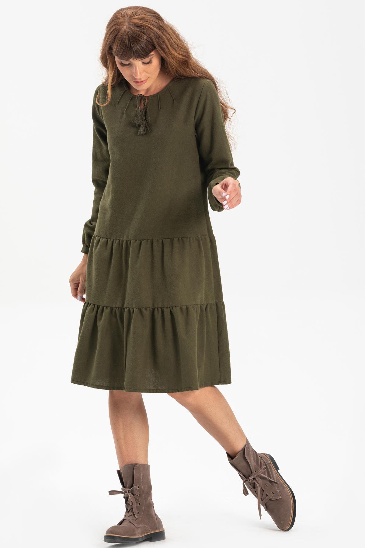 Toptan Uzun Kol Pazen Güliş Elbise Haki