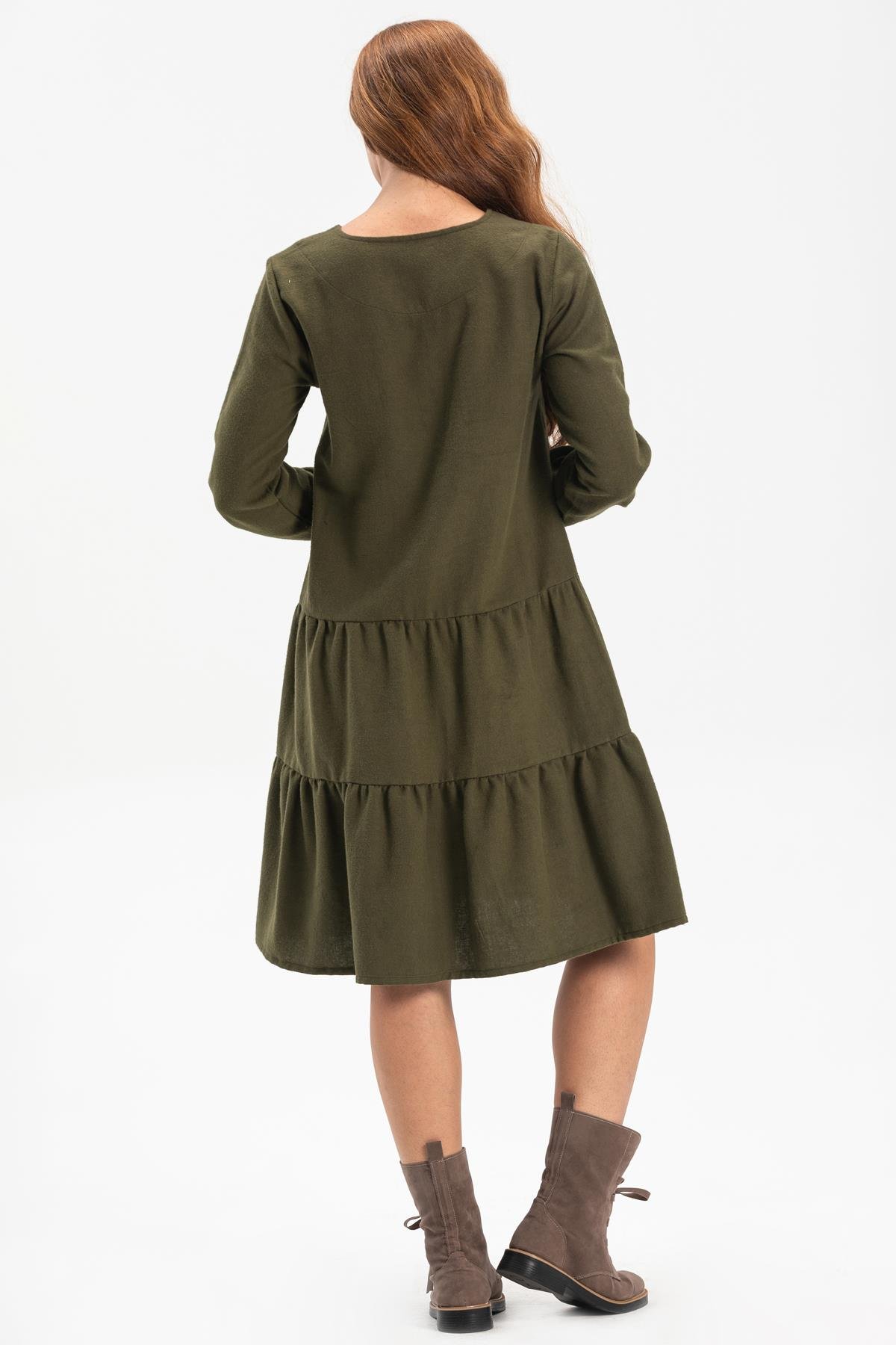 Toptan Uzun Kol Pazen Güliş Elbise Haki