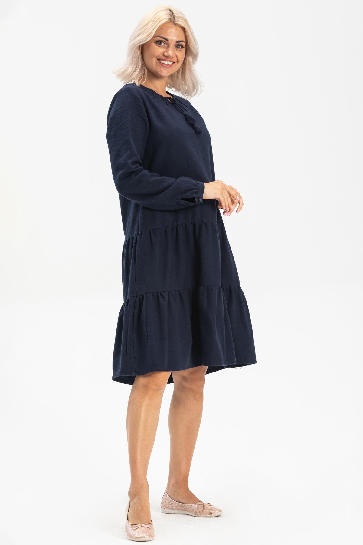 Toptan Uzun Kol Pazen Güliş Elbise Lacivert