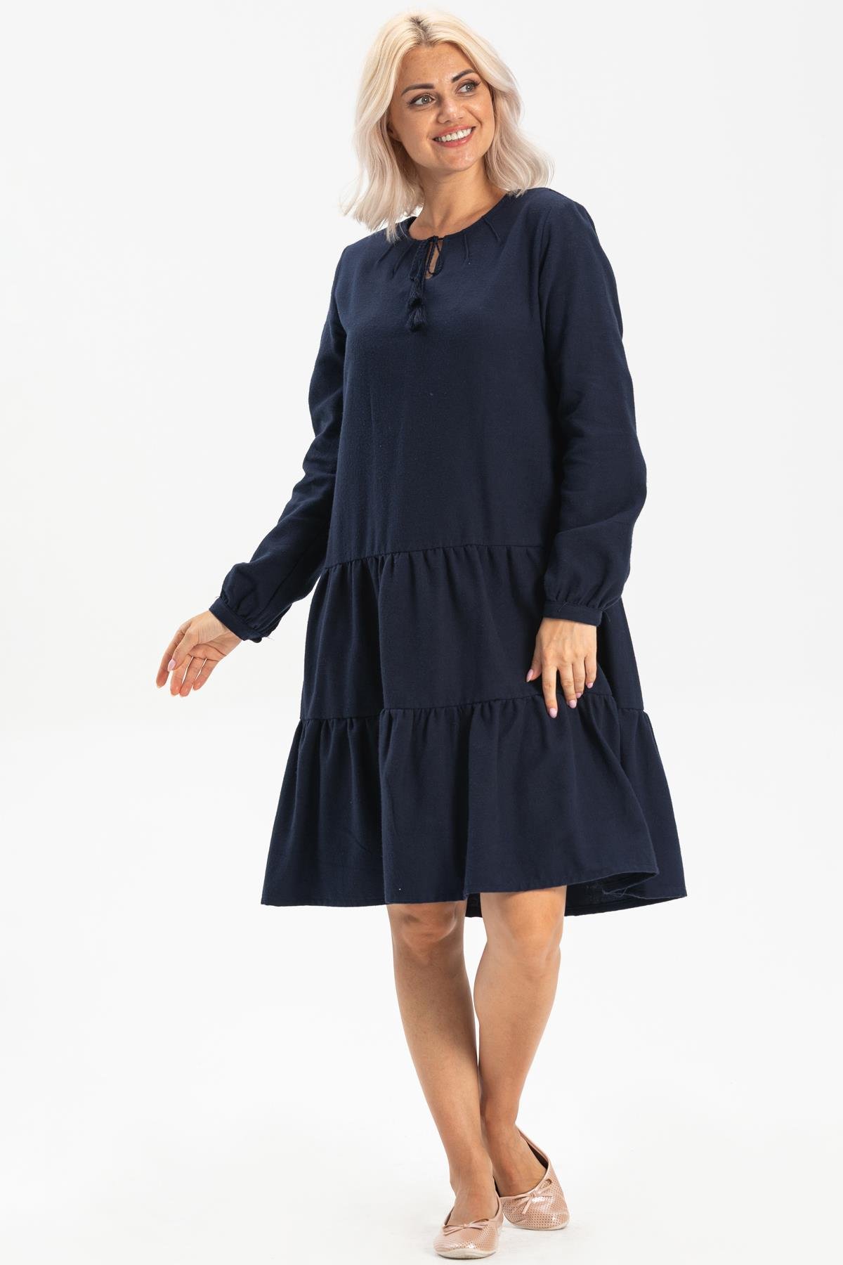 Toptan Uzun Kol Pazen Güliş Elbise Lacivert