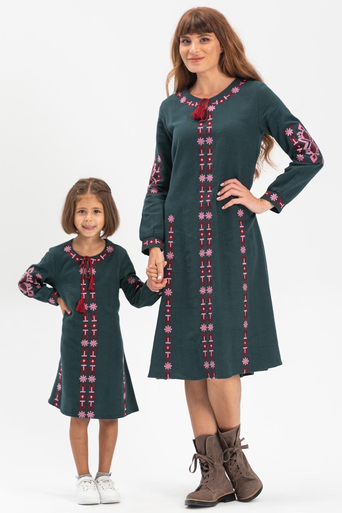 Toptan Uzun Kol Pazen Mahur Çocuk Elbise Petrol