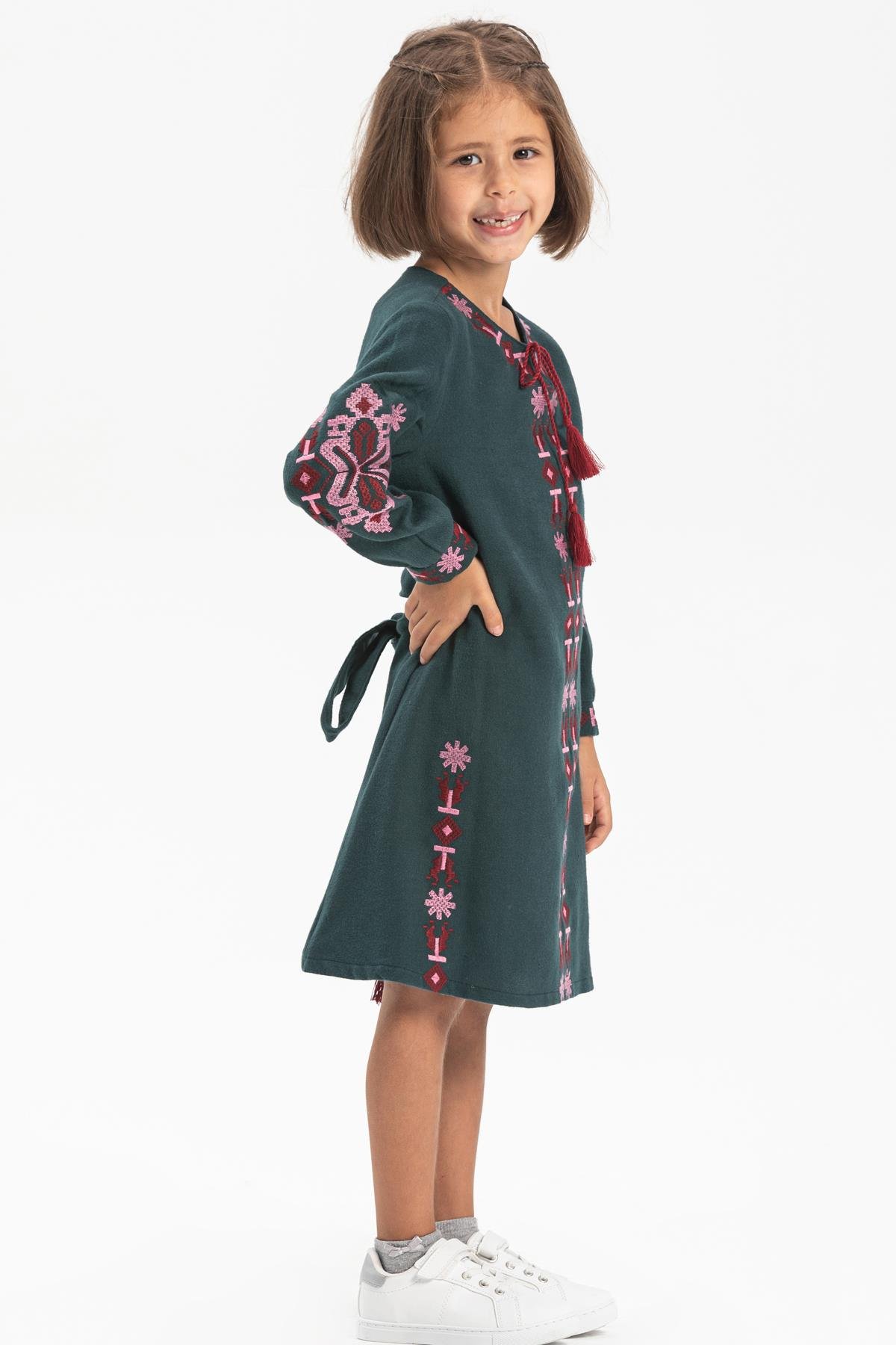 Toptan Uzun Kol Pazen Mahur Çocuk Elbise Petrol