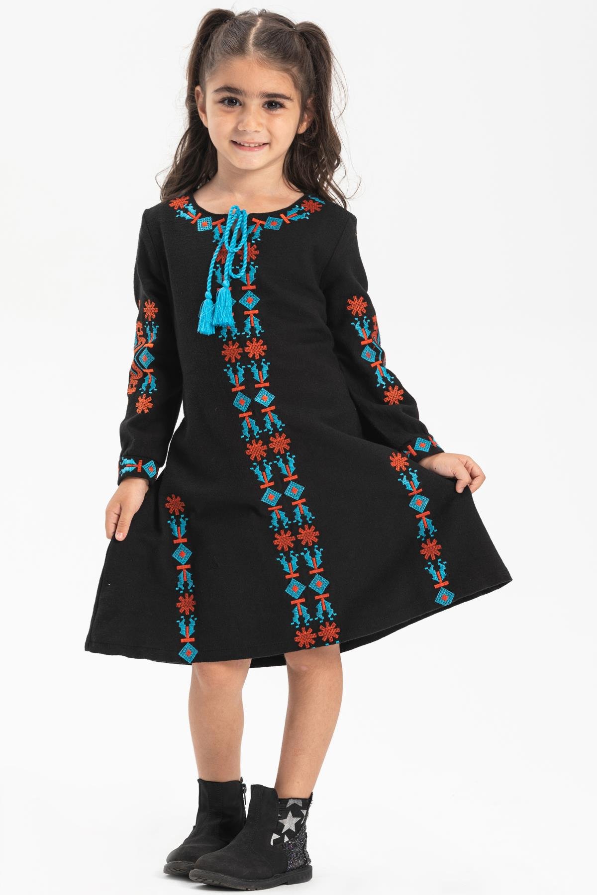 Toptan Uzun Kol Pazen Mahur Çocuk Elbise Siyah