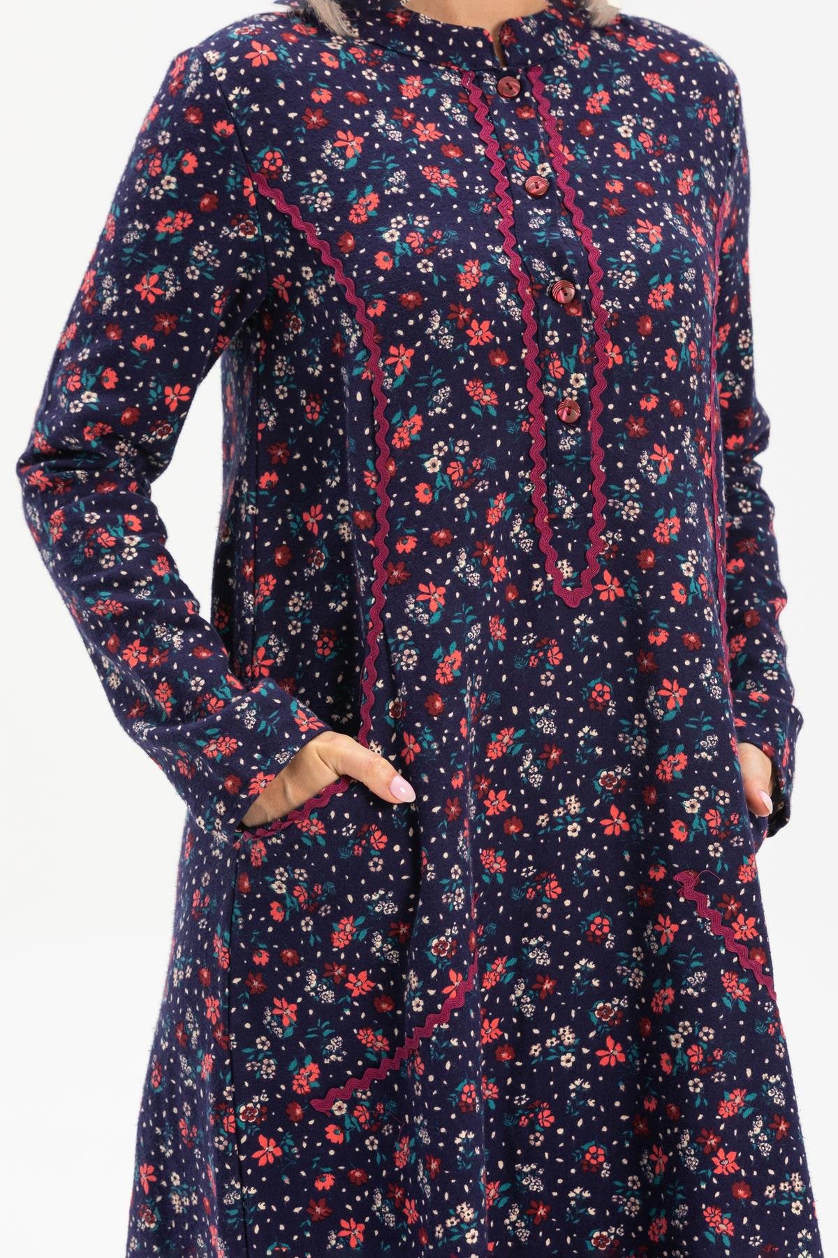 Toptan Uzun Kol Pazen Sudenaz Kısa Elbise Çiçek Desen Lacivert