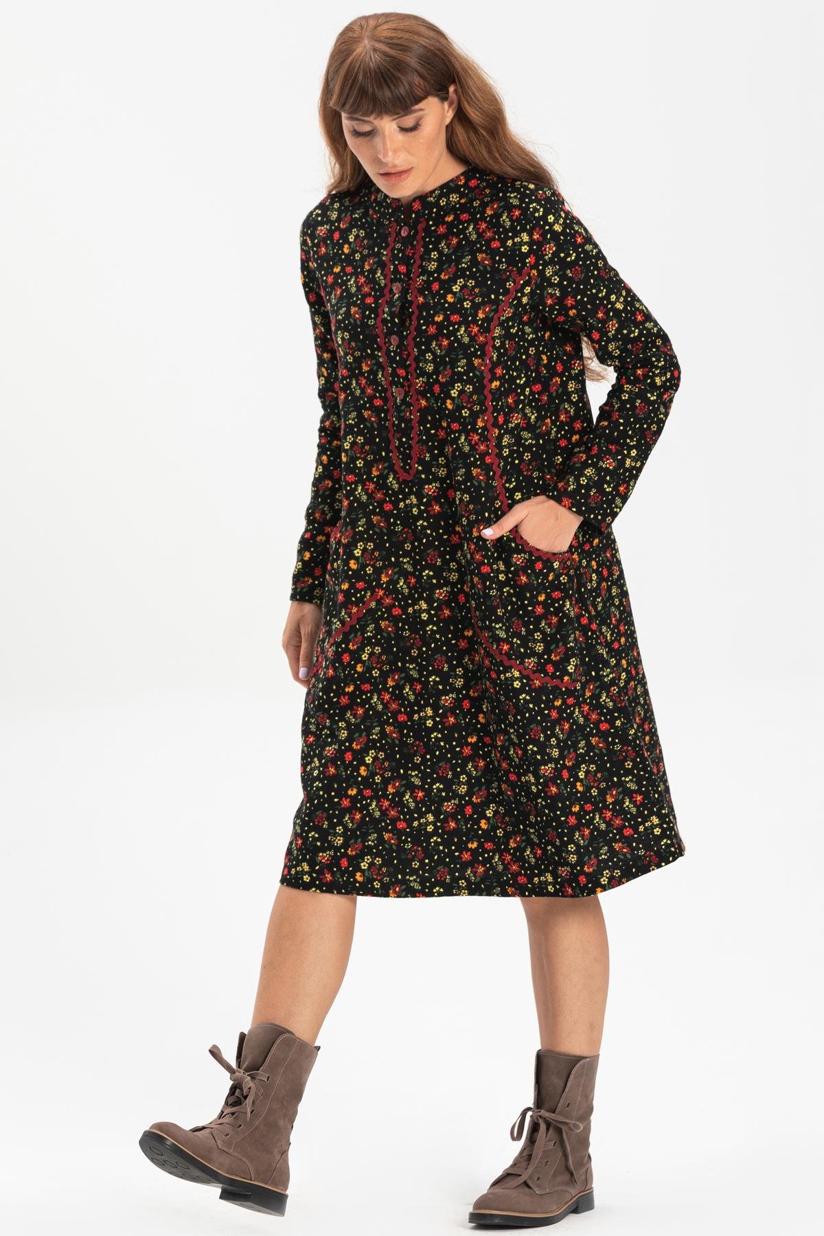 Toptan Uzun Kol Pazen Sudenaz Kısa Elbise Çiçek Desen Siyah