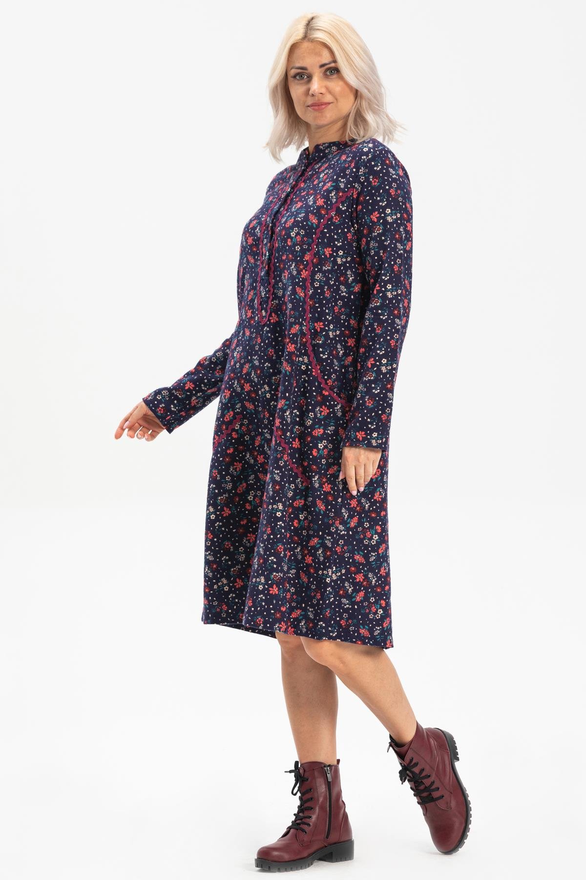 Toptan Uzun Kol Pazen Sudenaz Kısa Elbise Çiçek Desen Lacivert