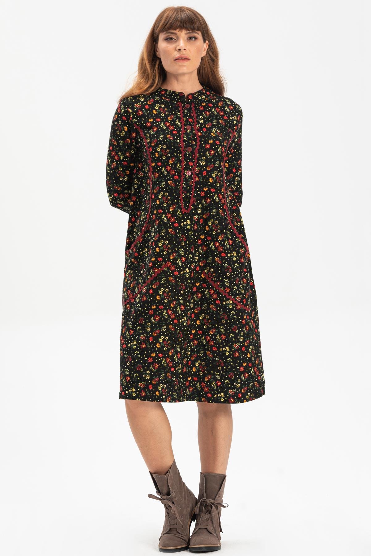 Toptan Uzun Kol Pazen Sudenaz Kısa Elbise Çiçek Desen Siyah