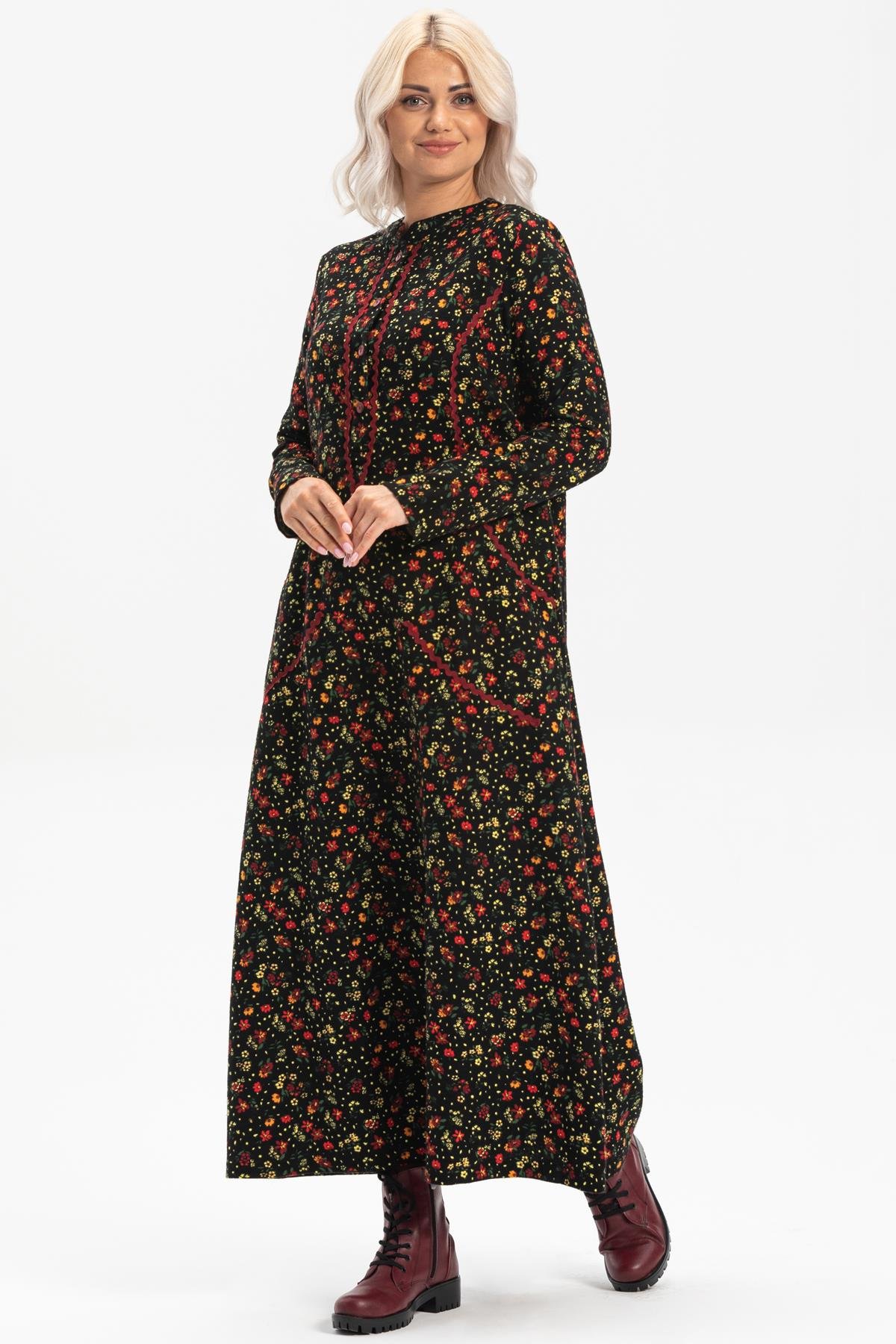 Toptan Uzun Kol Pazen Sudenaz Uzun Elbise Çiçek Desen Siyah