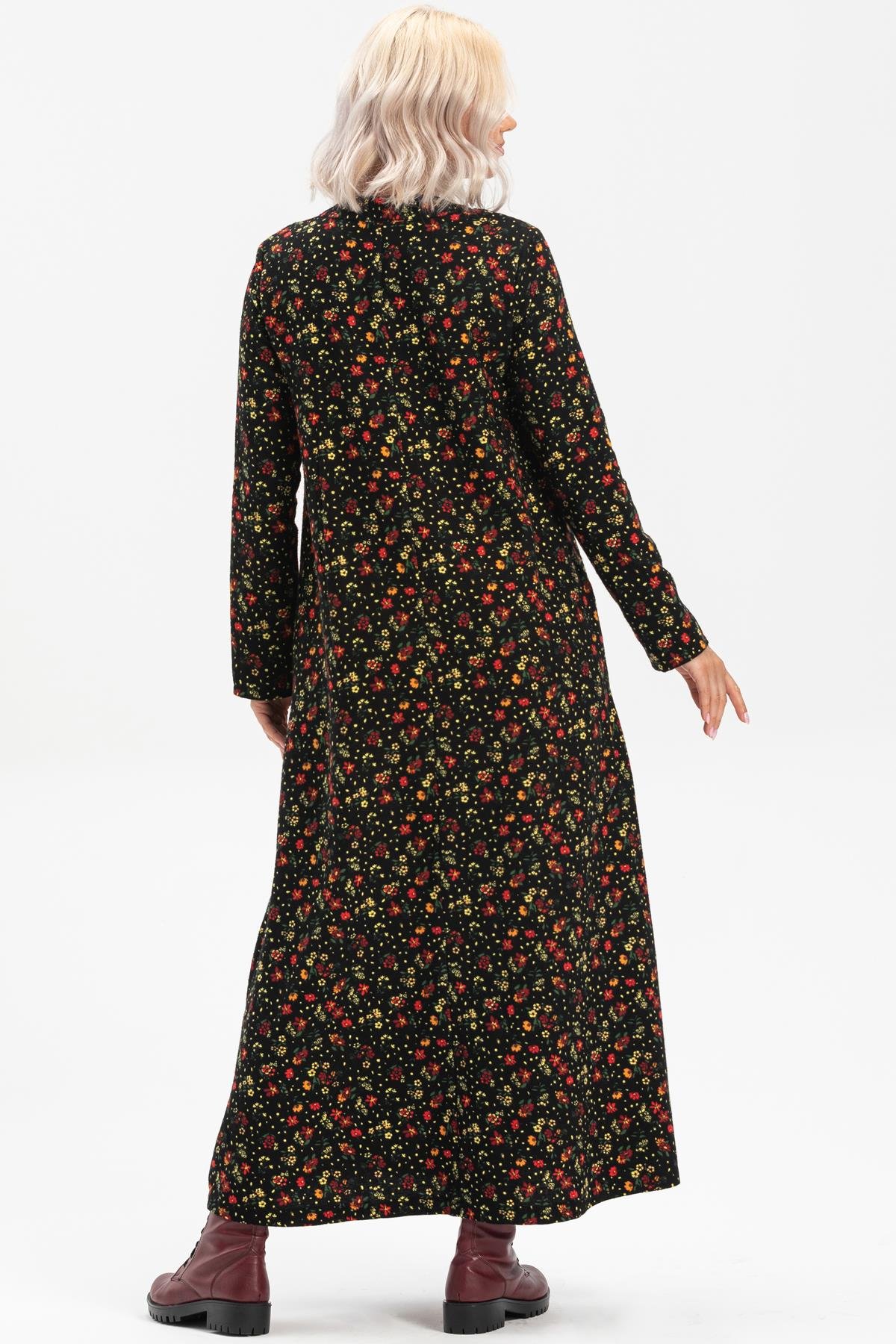 Toptan Uzun Kol Pazen Sudenaz Uzun Elbise Çiçek Desen Siyah