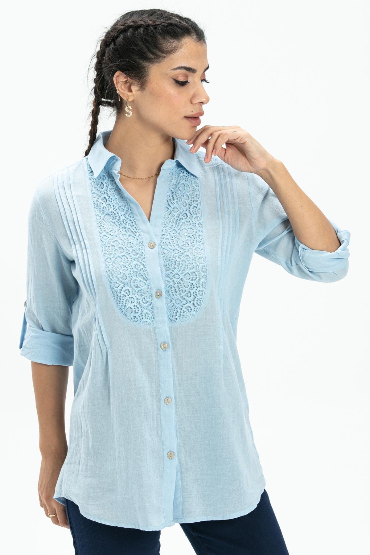 Toptan Uzun Kol Poplin Nervürlü Gömlek Buz Mavi