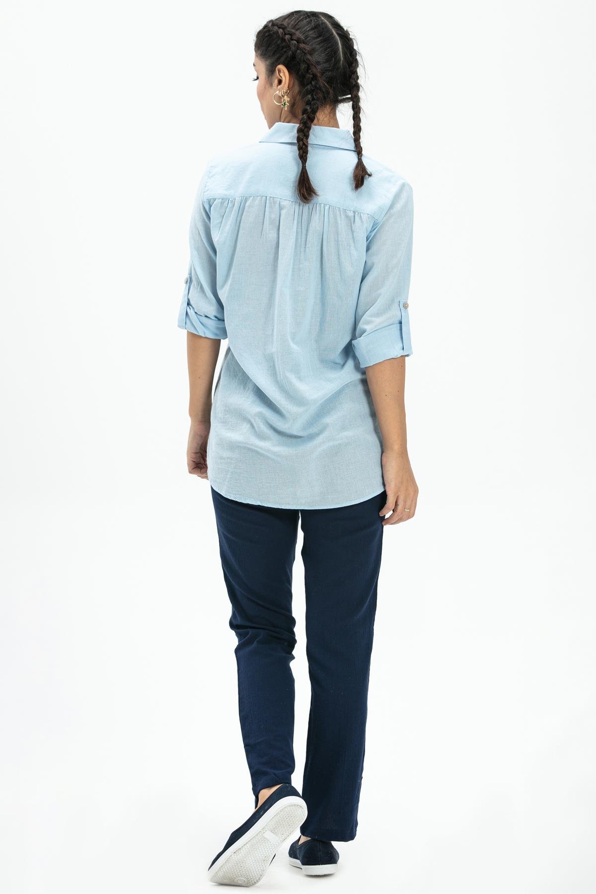 Toptan Uzun Kol Poplin Nervürlü Gömlek Buz Mavi