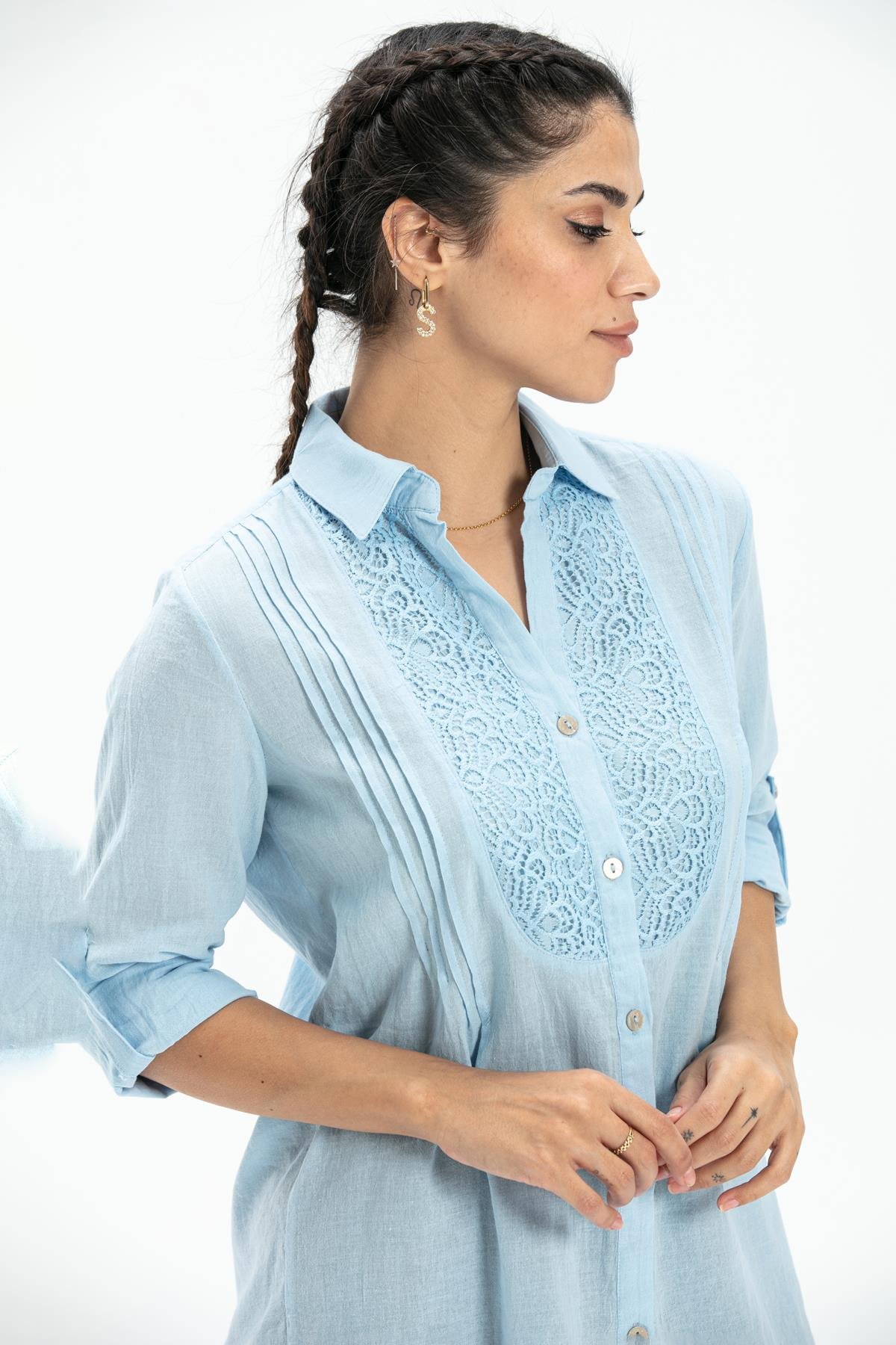 Toptan Uzun Kol Poplin Nervürlü Gömlek Buz Mavi