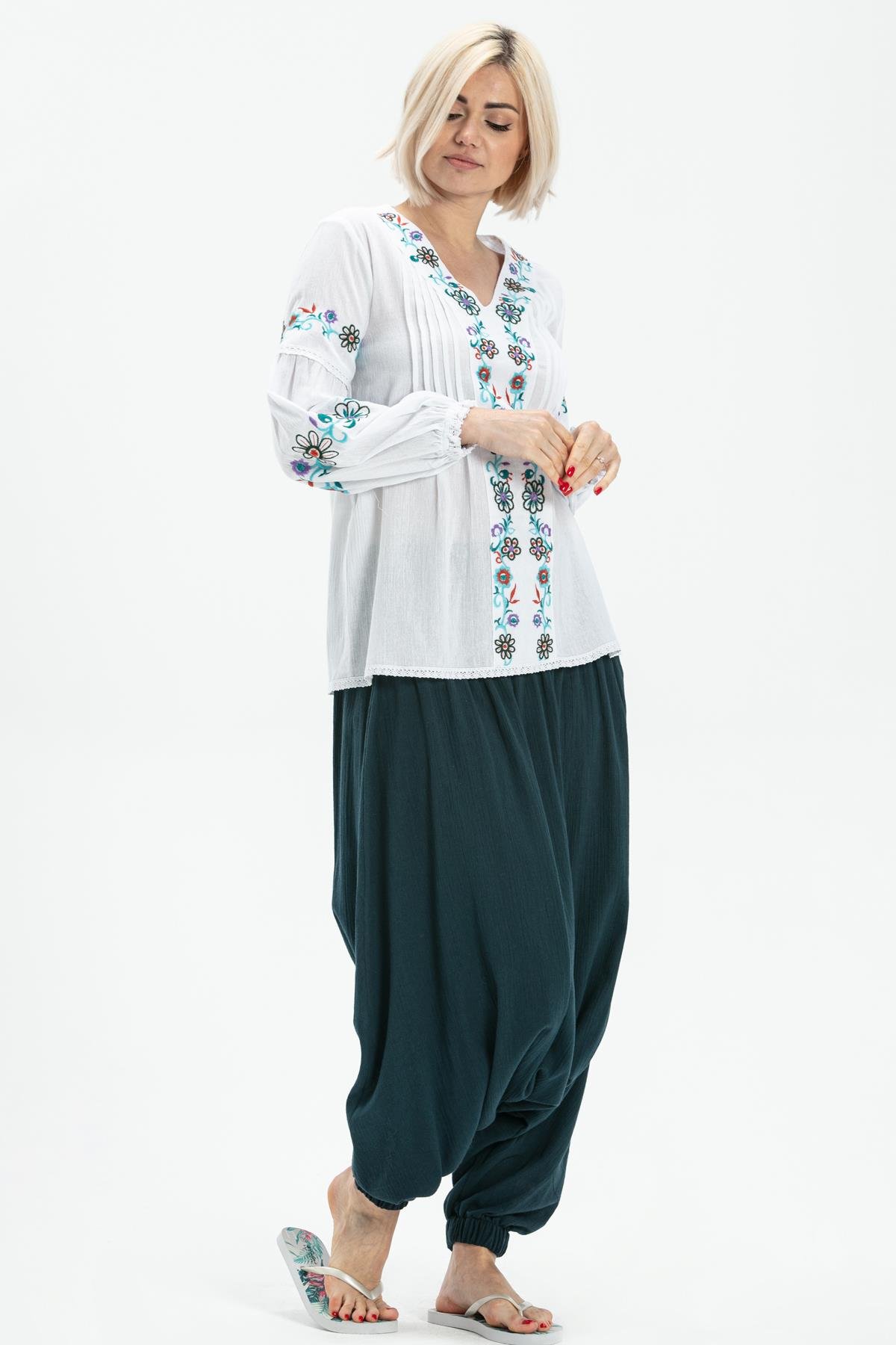 Toptan Uzun Kol Şile Bezi Ayşe Bluz Beyaz