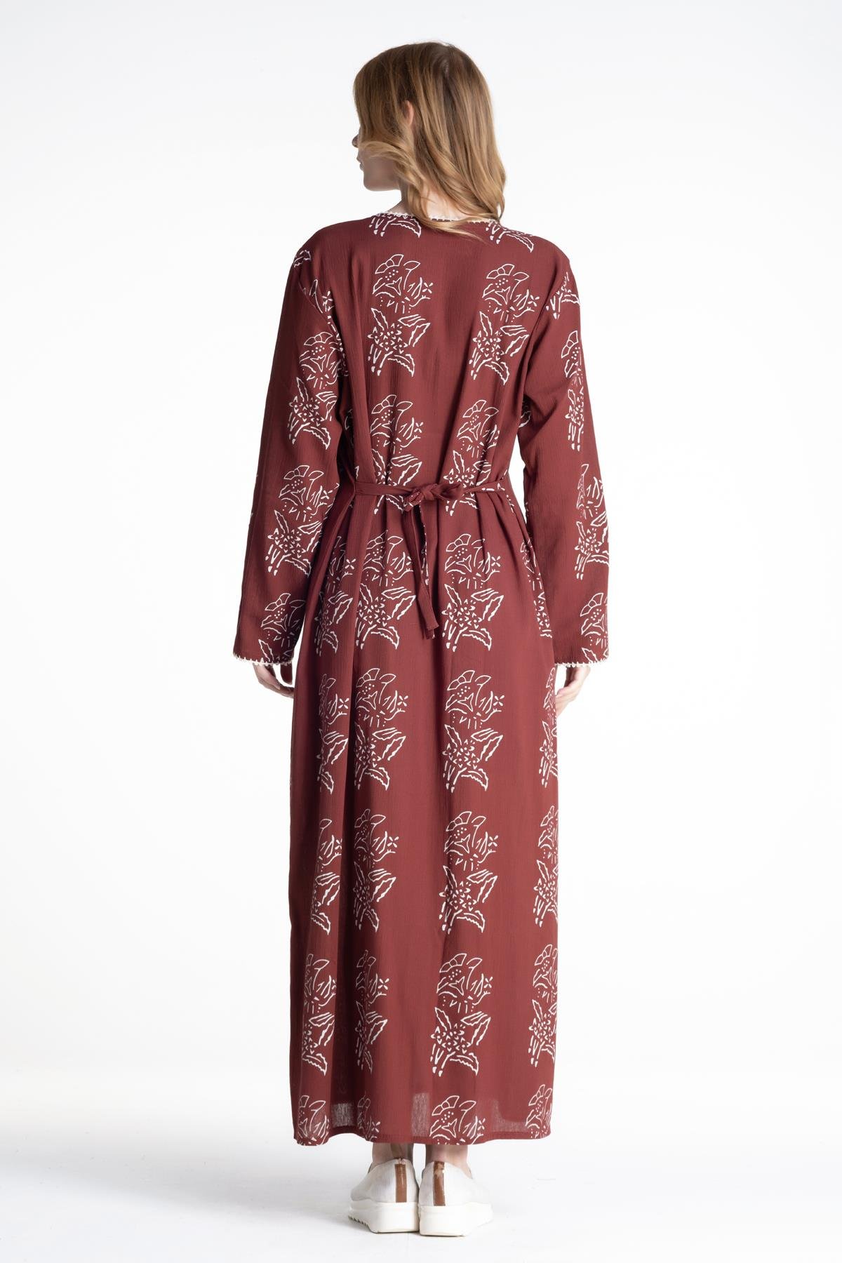 Toptan Uzun Kol Şile Bezi Baskılı Elbise Zambak Desen Bordo