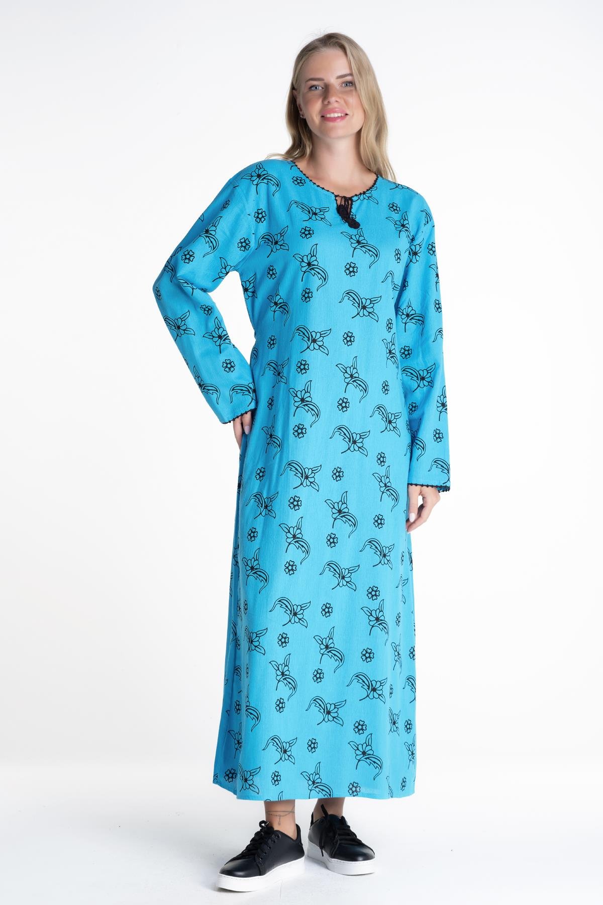 Toptan Uzun Kol Şile Bezi Baskılı Elbise Serpme Desen Turkuaz