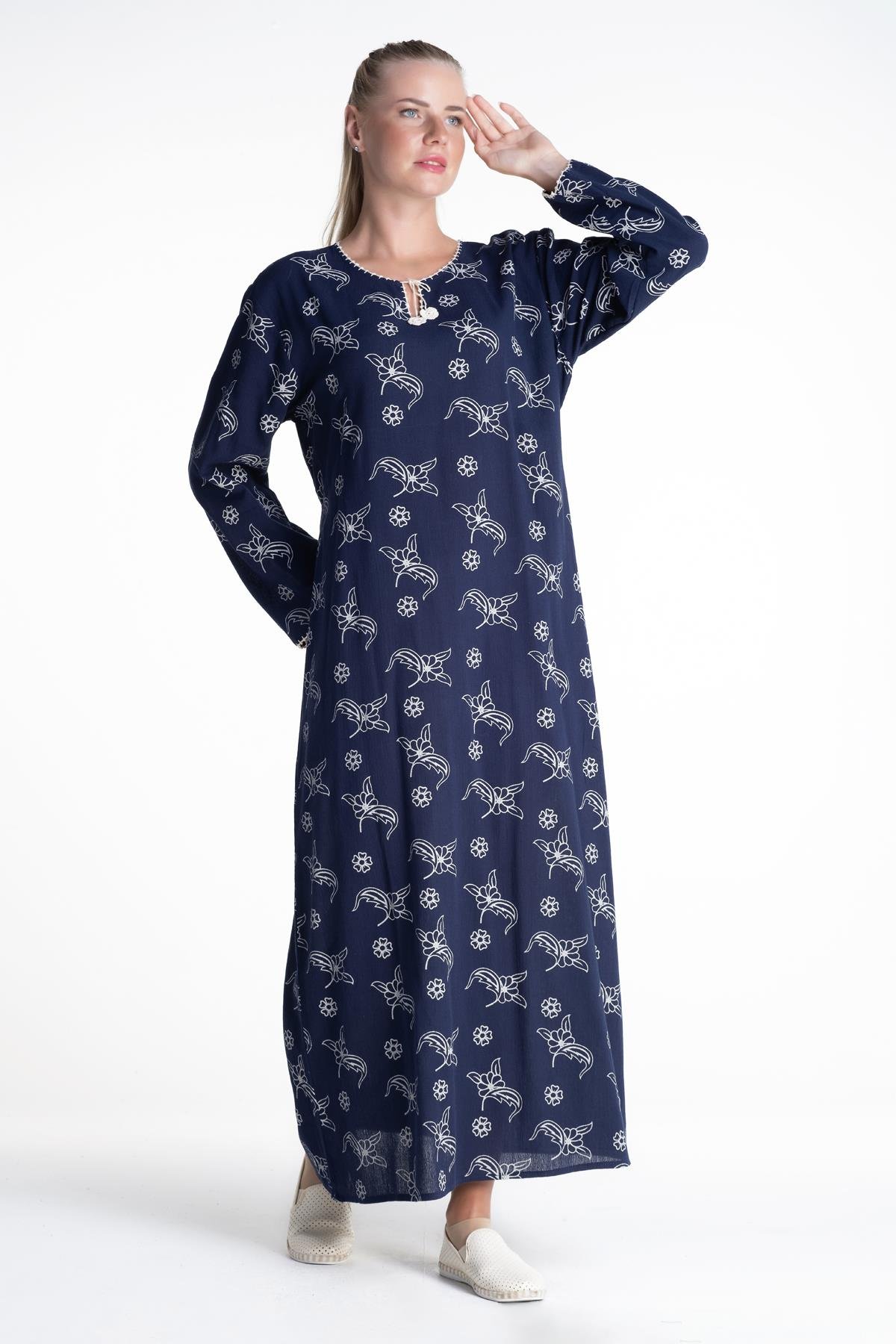 Toptan Uzun Kol Şile Bezi Baskılı Elbise Serpme Desen Lacivert