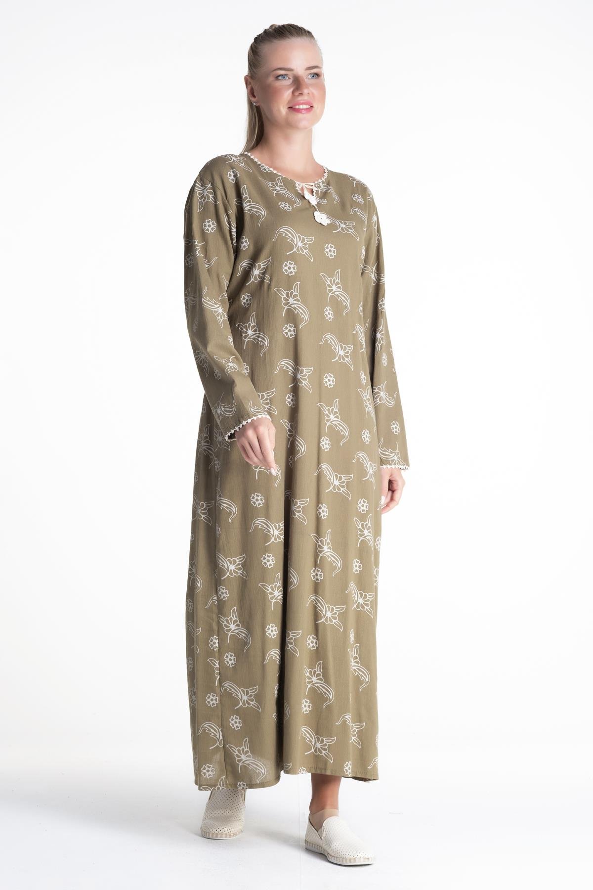 Toptan Uzun Kol Şile Bezi Baskılı Elbise Serpme Desen Yeşil