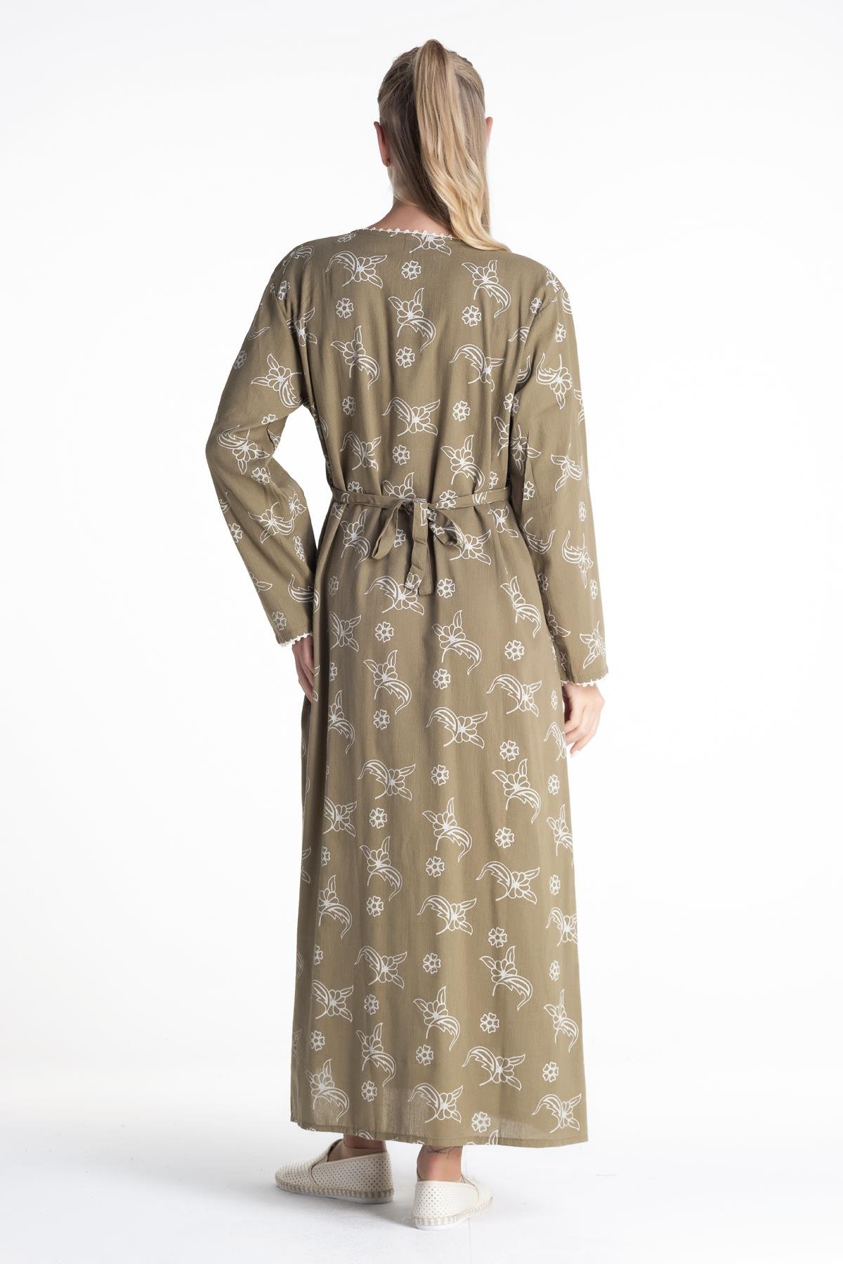 Toptan Uzun Kol Şile Bezi Baskılı Elbise Serpme Desen Yeşil