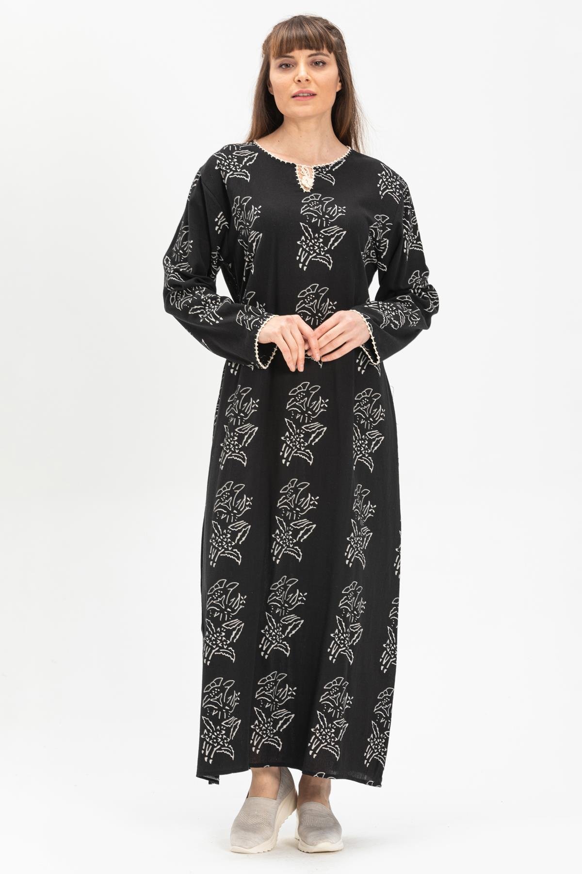 Toptan Uzun Kol Şile Bezi Baskılı Elbise Zambak Desen Siyah