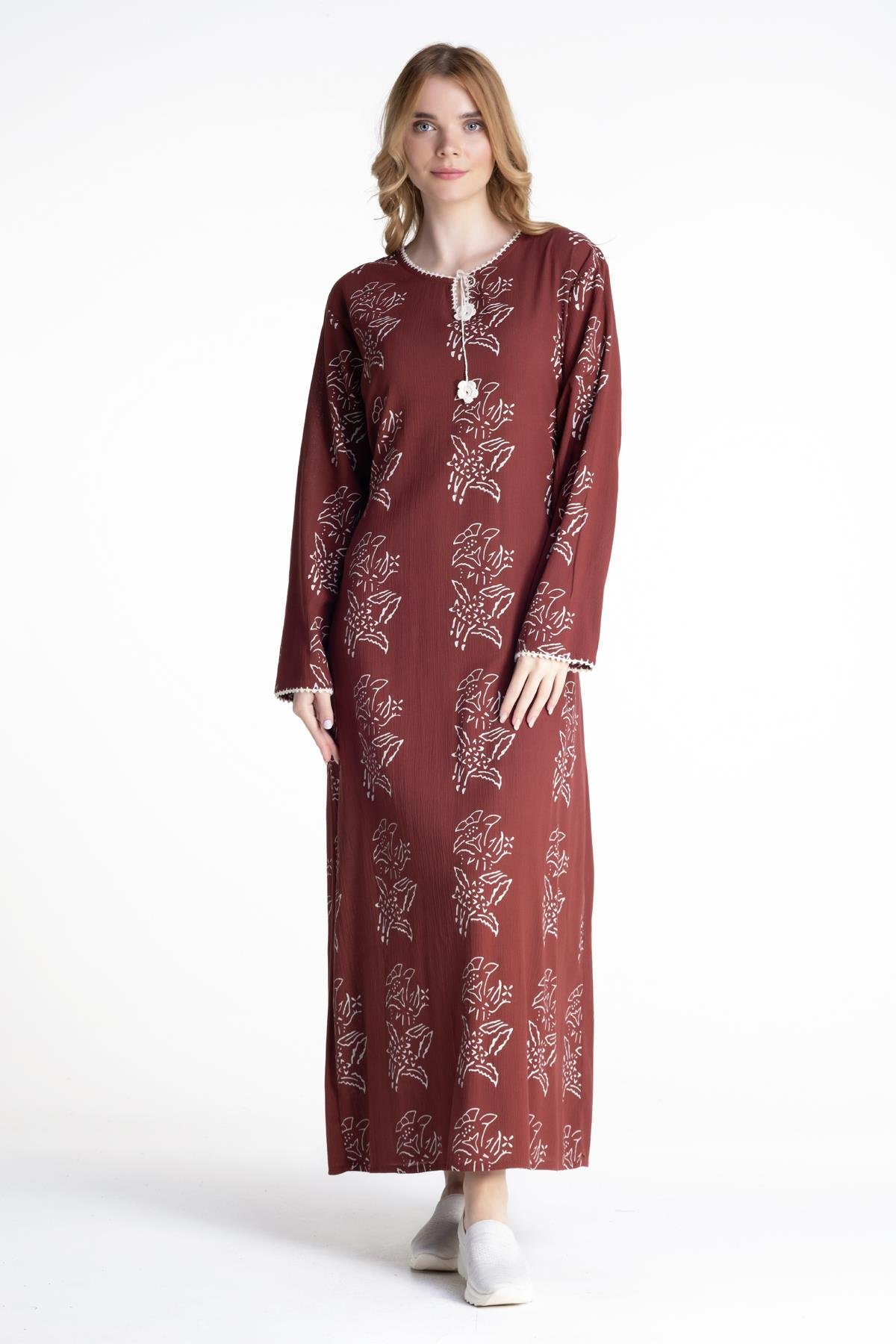 Toptan Uzun Kol Şile Bezi Baskılı Elbise Zambak Desen Bordo