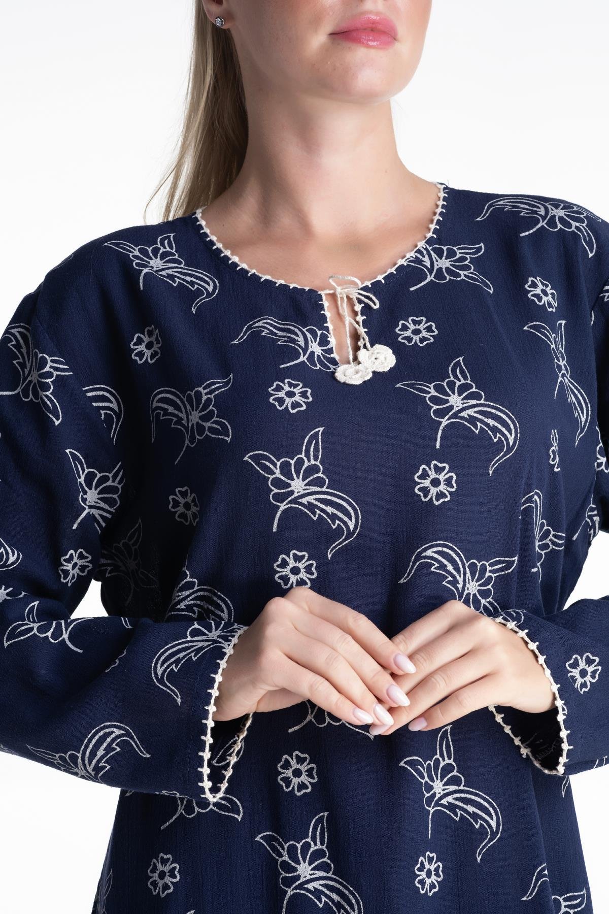 Toptan Uzun Kol Şile Bezi Baskılı Elbise Serpme Desen Lacivert