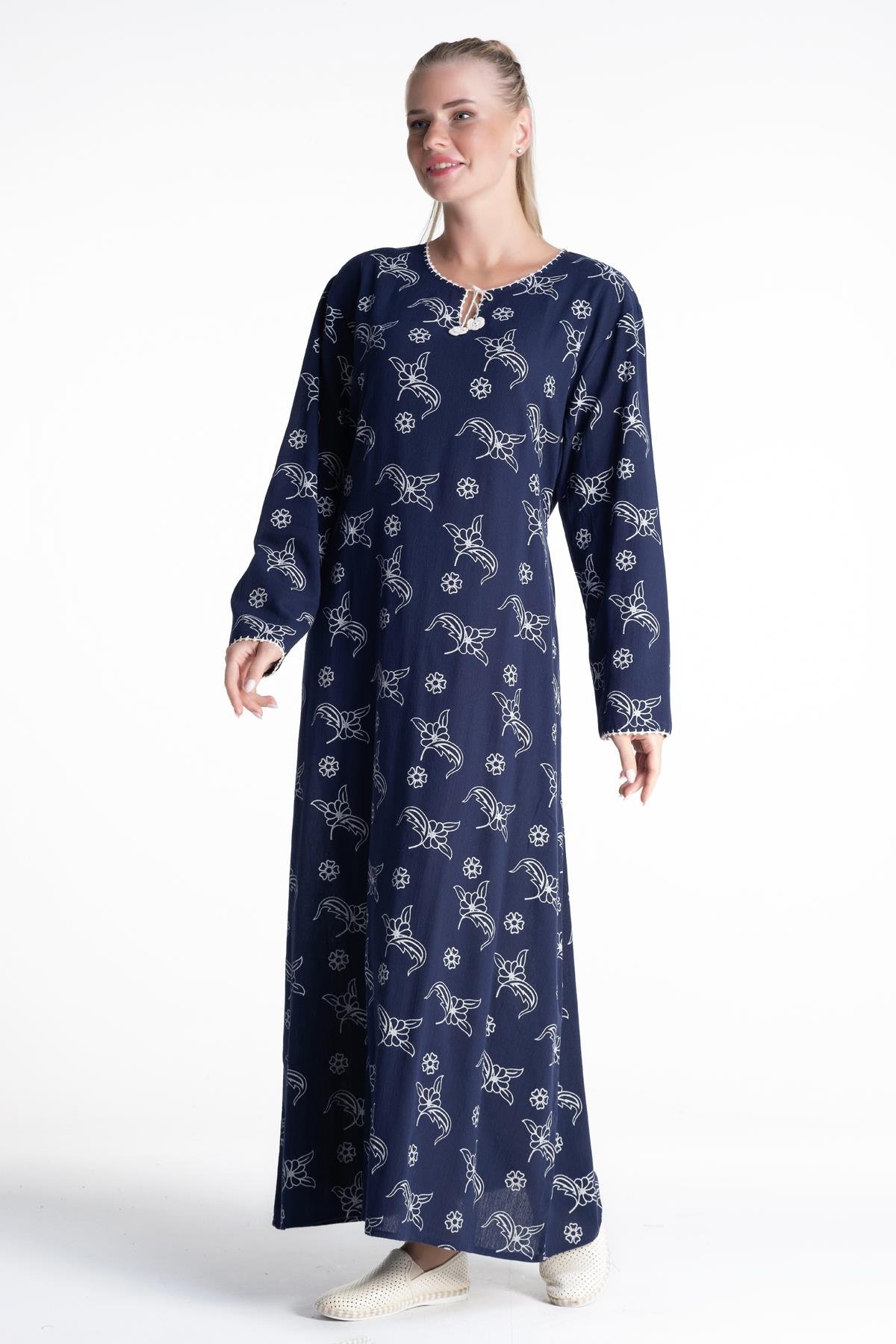 Toptan Uzun Kol Şile Bezi Baskılı Elbise Serpme Desen Lacivert