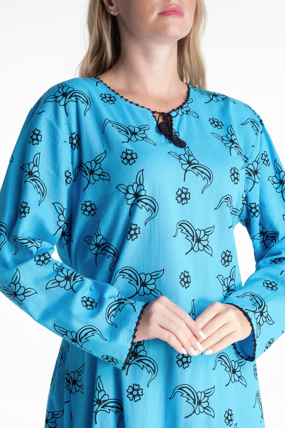 Toptan Uzun Kol Şile Bezi Baskılı Elbise Serpme Desen Turkuaz