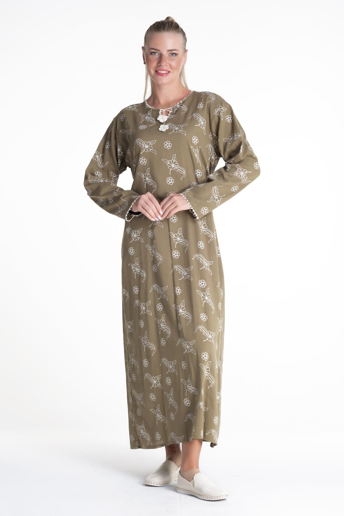 Toptan Uzun Kol Şile Bezi Baskılı Elbise Serpme Desen Yeşil