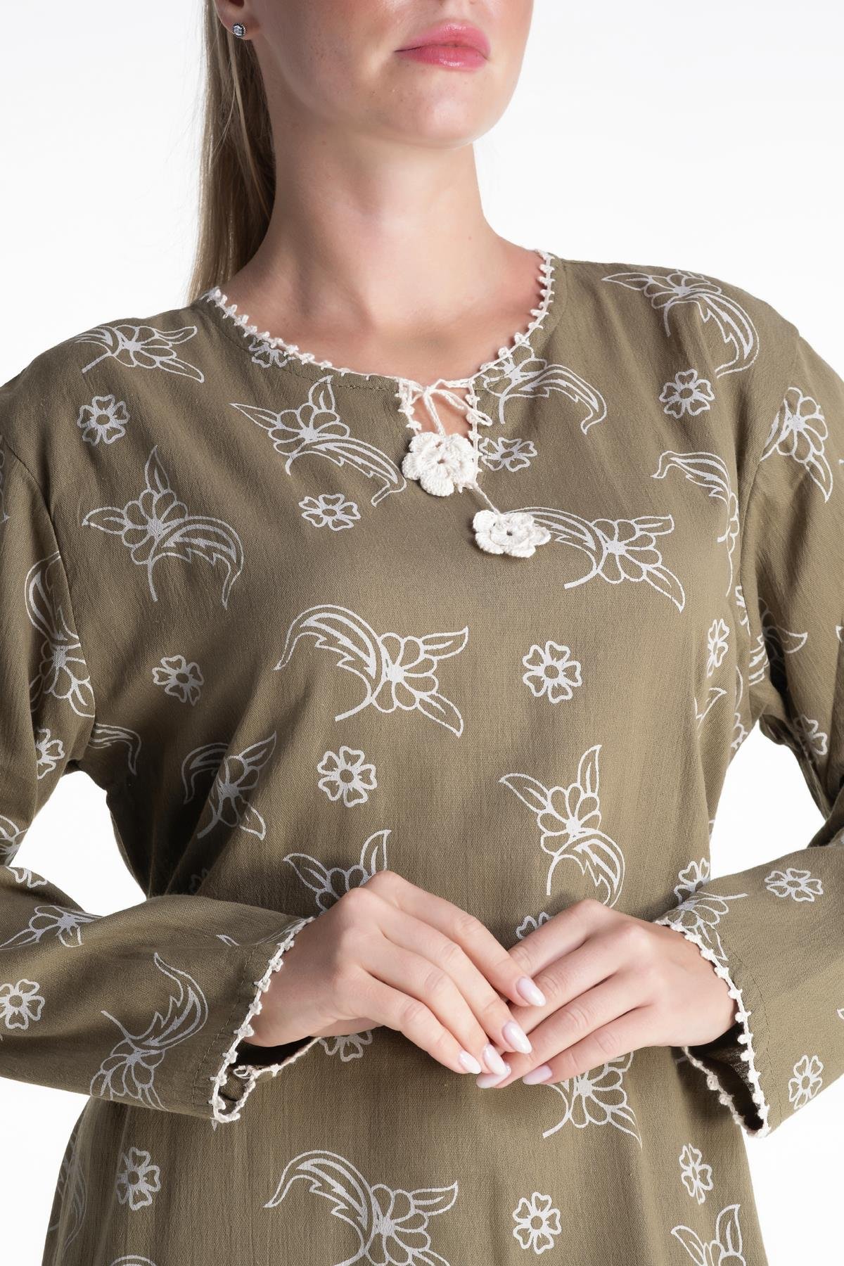 Toptan Uzun Kol Şile Bezi Baskılı Elbise Serpme Desen Yeşil