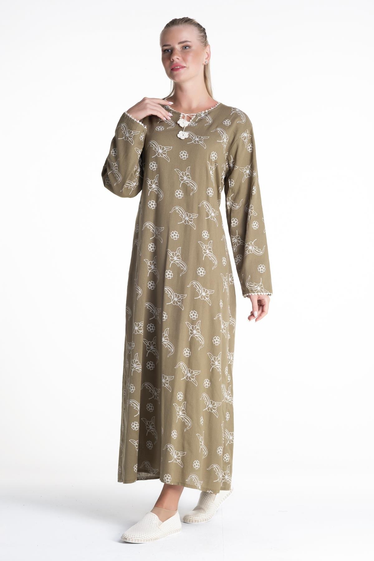 Toptan Uzun Kol Şile Bezi Baskılı Elbise Serpme Desen Yeşil