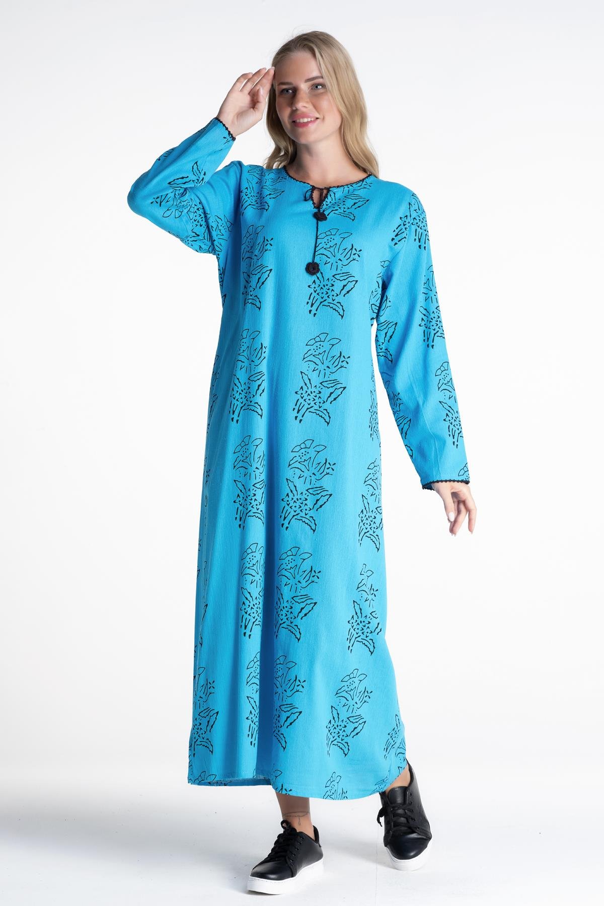 Toptan Uzun Kol Şile Bezi Baskılı Elbise Zambak Desen Turkuaz