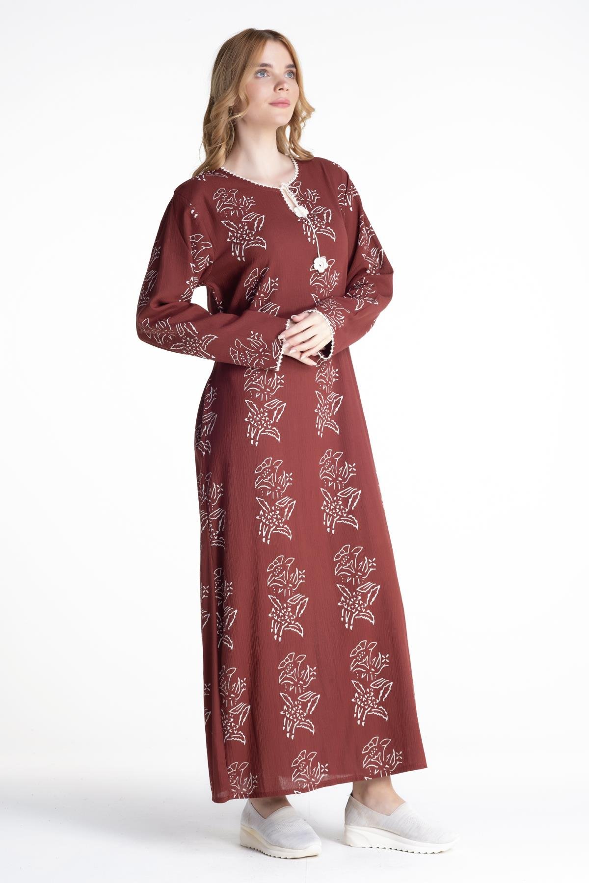 Toptan Uzun Kol Şile Bezi Baskılı Elbise Zambak Desen Bordo