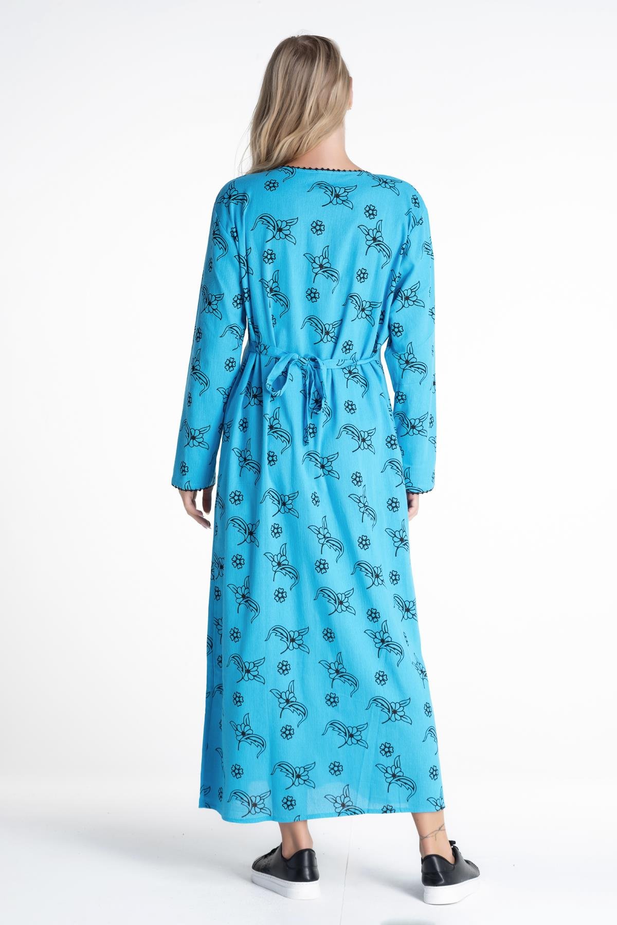 Toptan Uzun Kol Şile Bezi Baskılı Elbise Serpme Desen Turkuaz