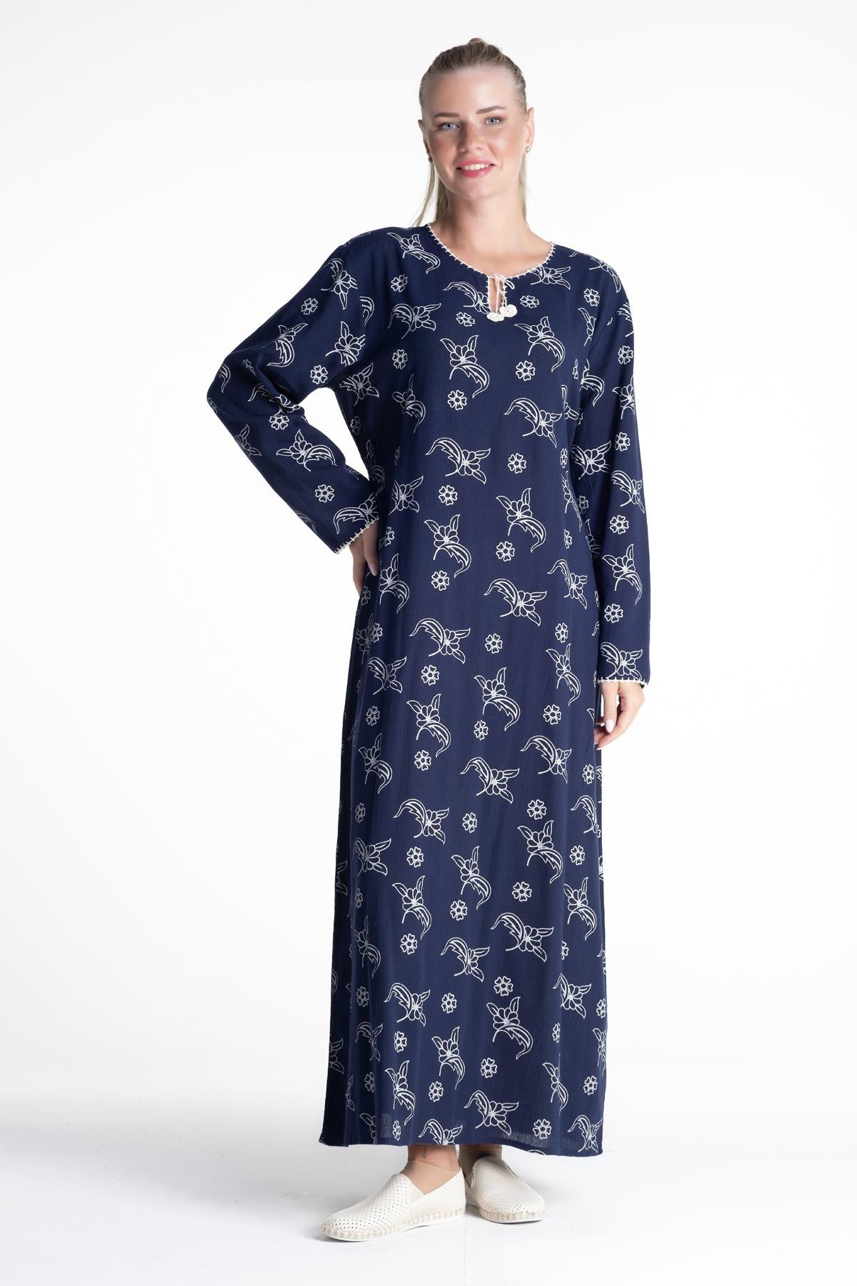 Toptan Uzun Kol Şile Bezi Baskılı Elbise Serpme Desen Lacivert