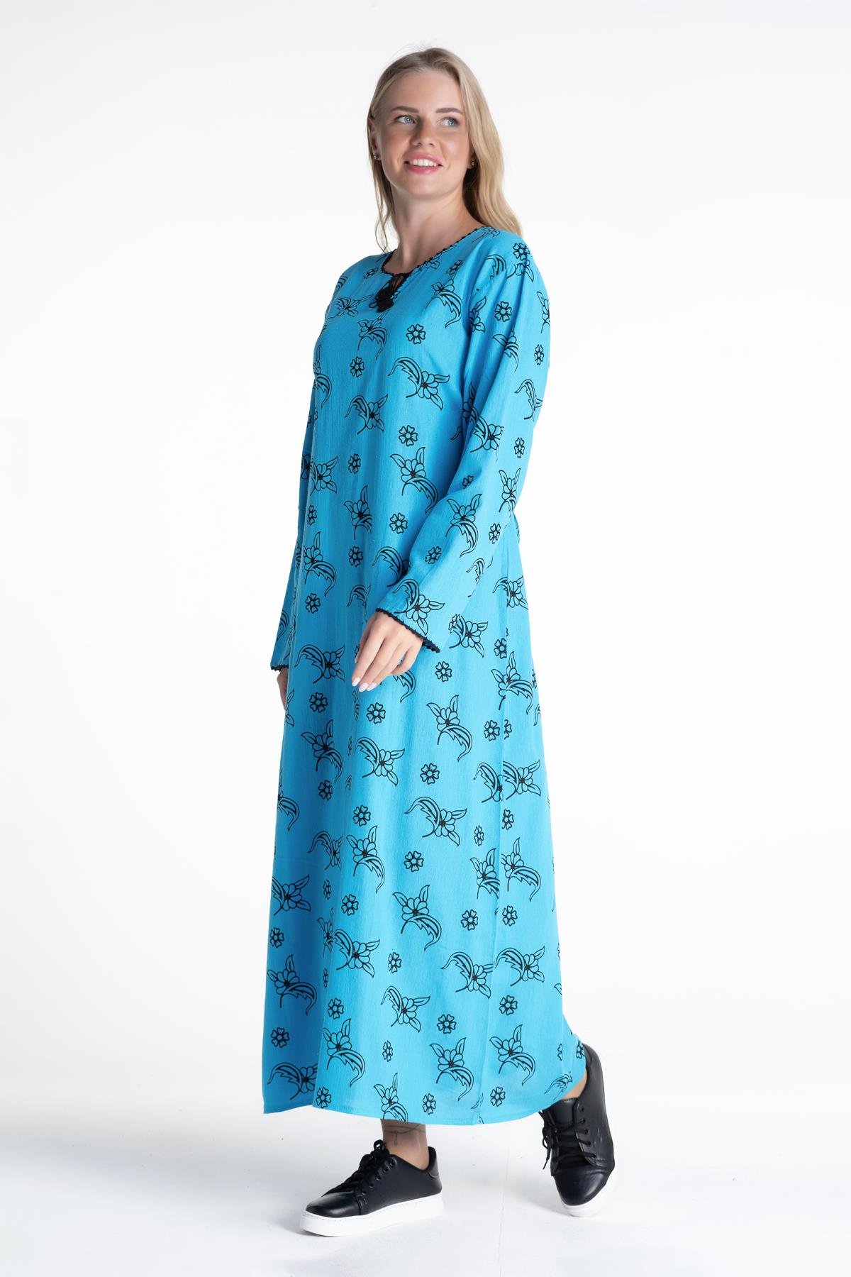 Toptan Uzun Kol Şile Bezi Baskılı Elbise Serpme Desen Turkuaz
