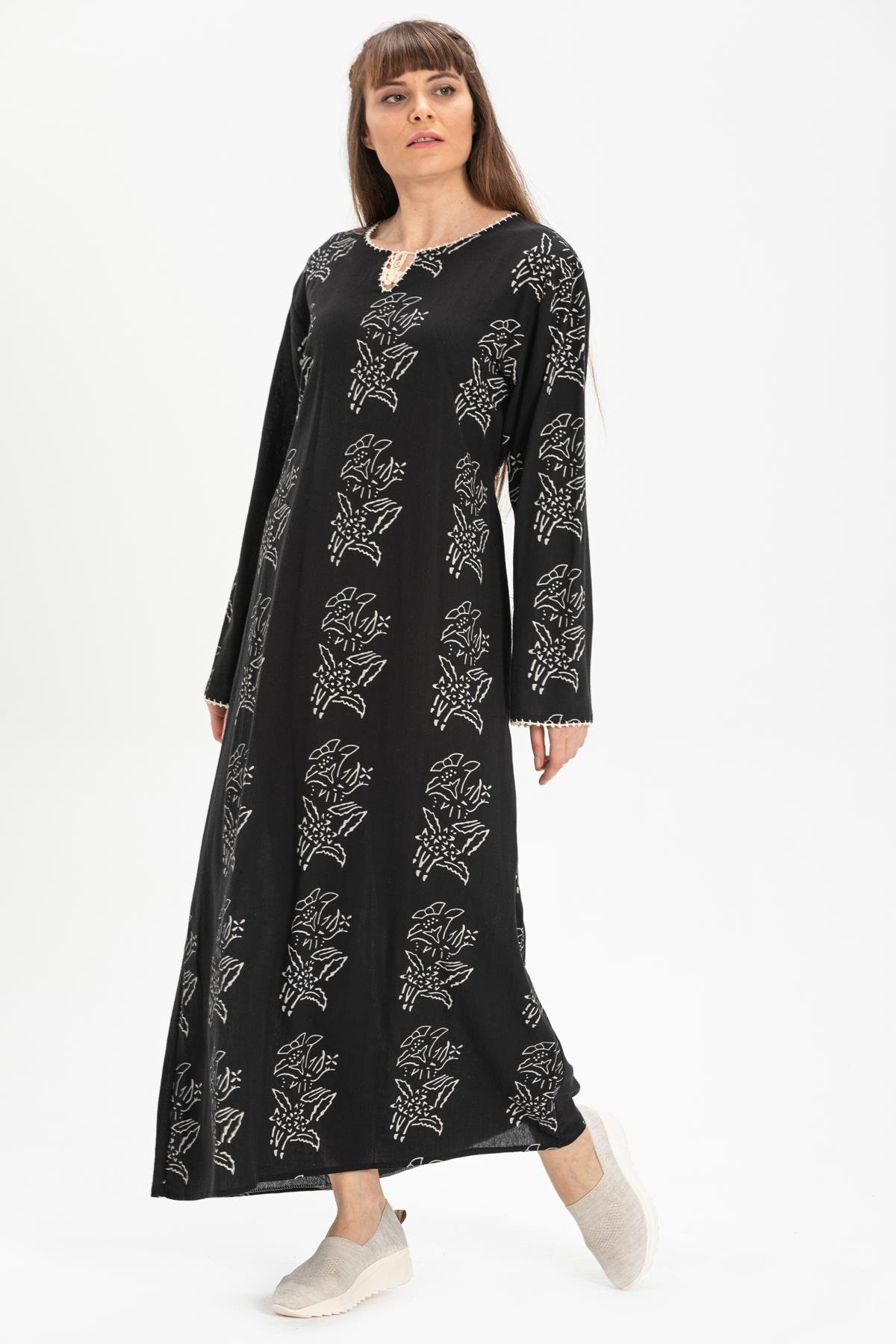 Toptan Uzun Kol Şile Bezi Baskılı Elbise Zambak Desen Siyah